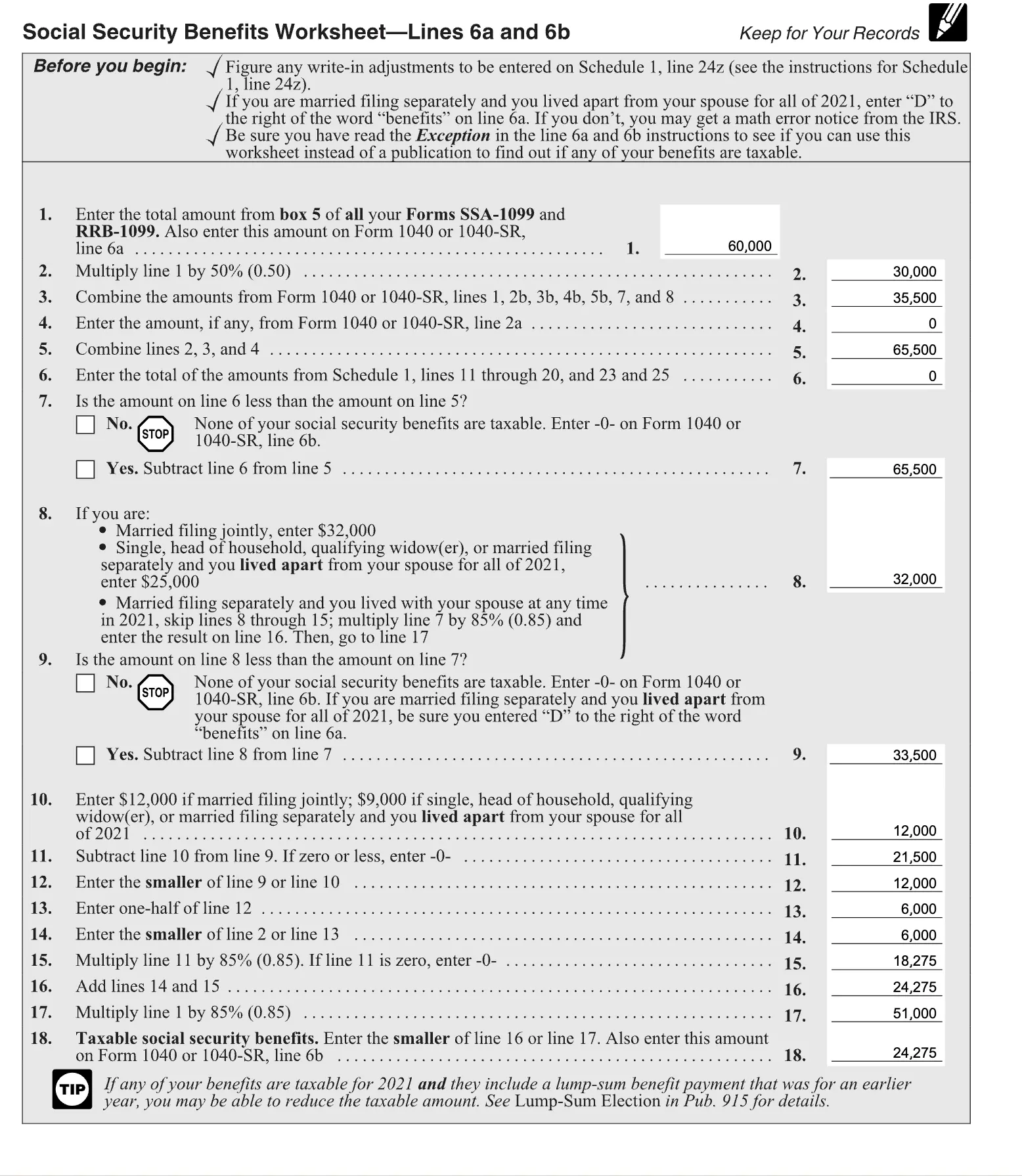 IRS Social Security Benefits Worksheet showing John & Mary's $60,000 Social Security income, $16,000 qualified dividends, $15,000 Traditional IRA withdrawals, and $4,500 long-term capital gains, resulting in $24,275 taxable Social Security benefits in Step 4.