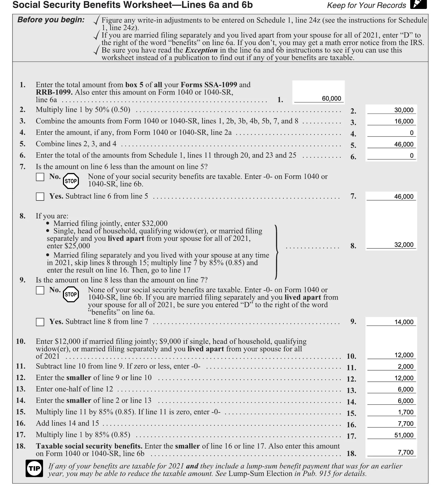 IRS Social Security Benefits Worksheet calculation showing John & Mary's $60,000 annual Social Security income plus $16,000 qualified dividends, resulting in $7,700 taxable Social Security benefits in Step 2.