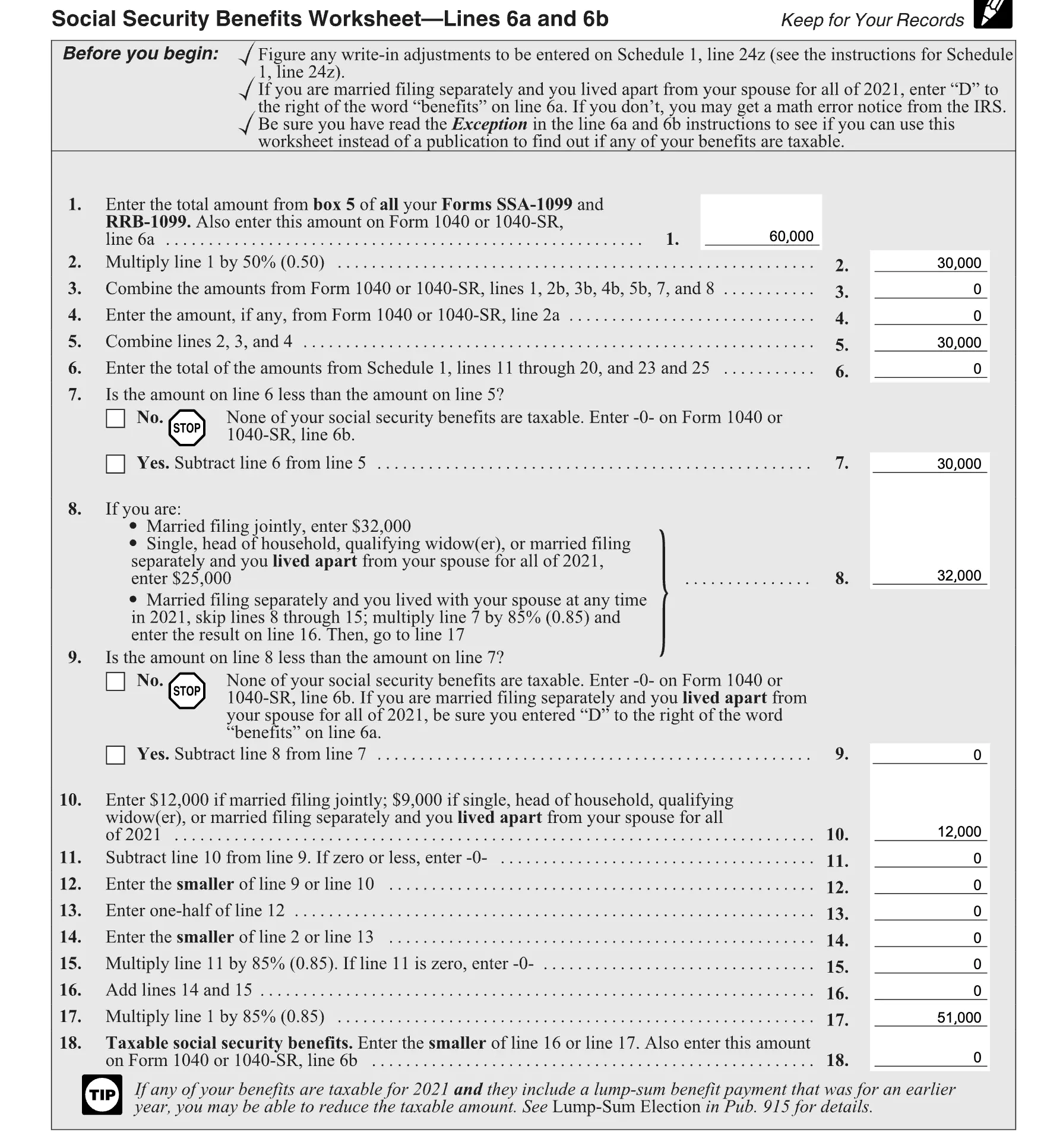 IRS Social Security Benefits Worksheet calculation showing John & Mary's $60,000 annual Social Security income with no taxable portion in Step 1.