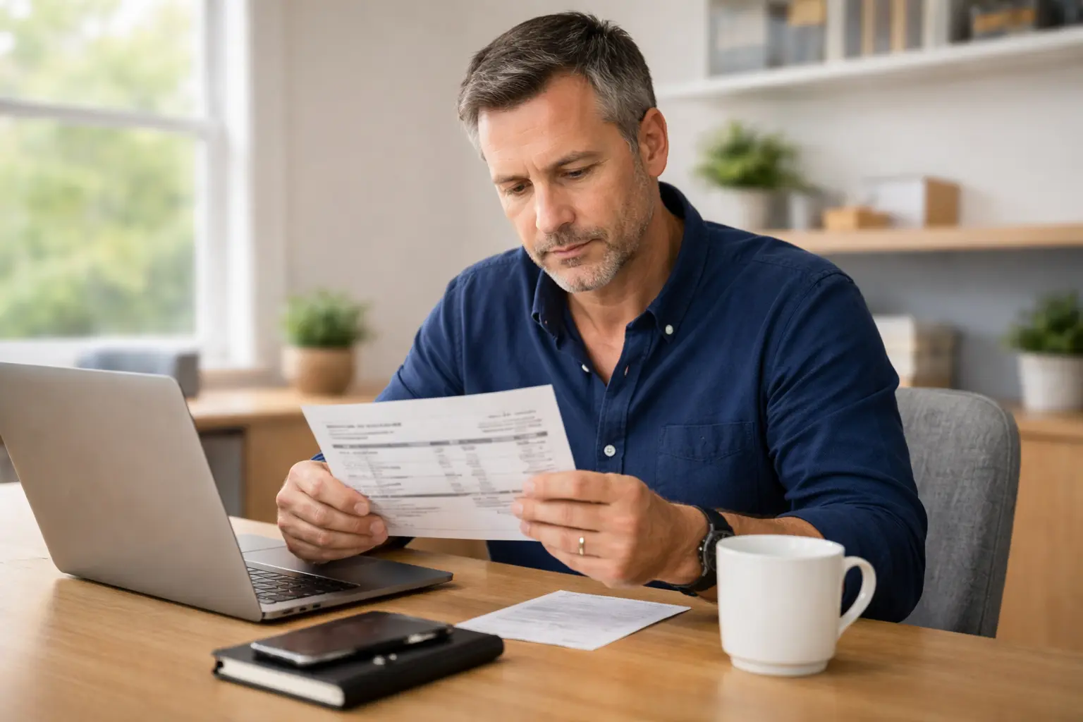 Professional reviewing a paystub at a home office desk, representing a closer look at 401(k) contribution timing and employer match mechanics.