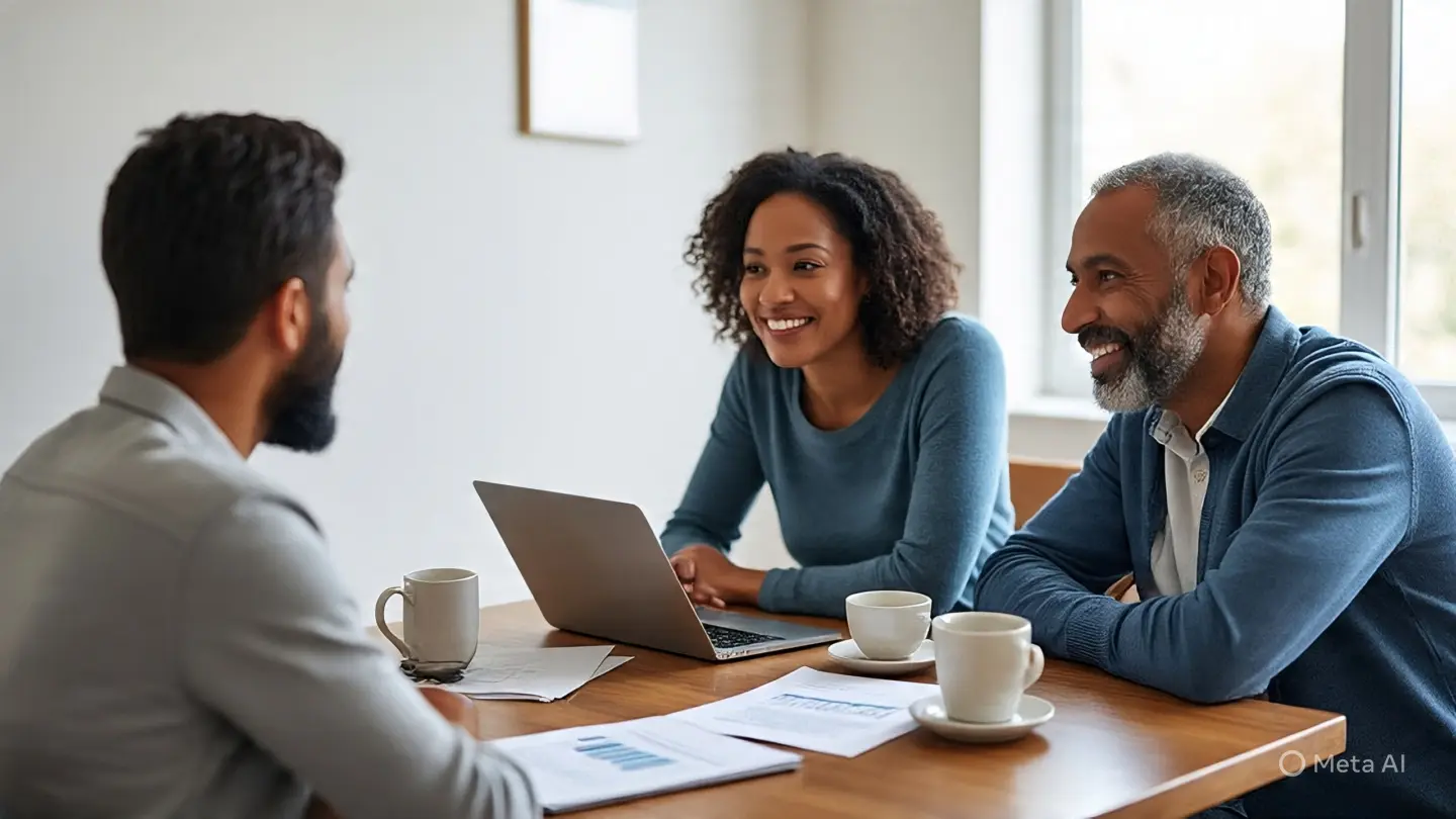 A financial advisor meeting with a diverse couple at their dining table, discussing documents and charts in a warm, well-lit home setting.