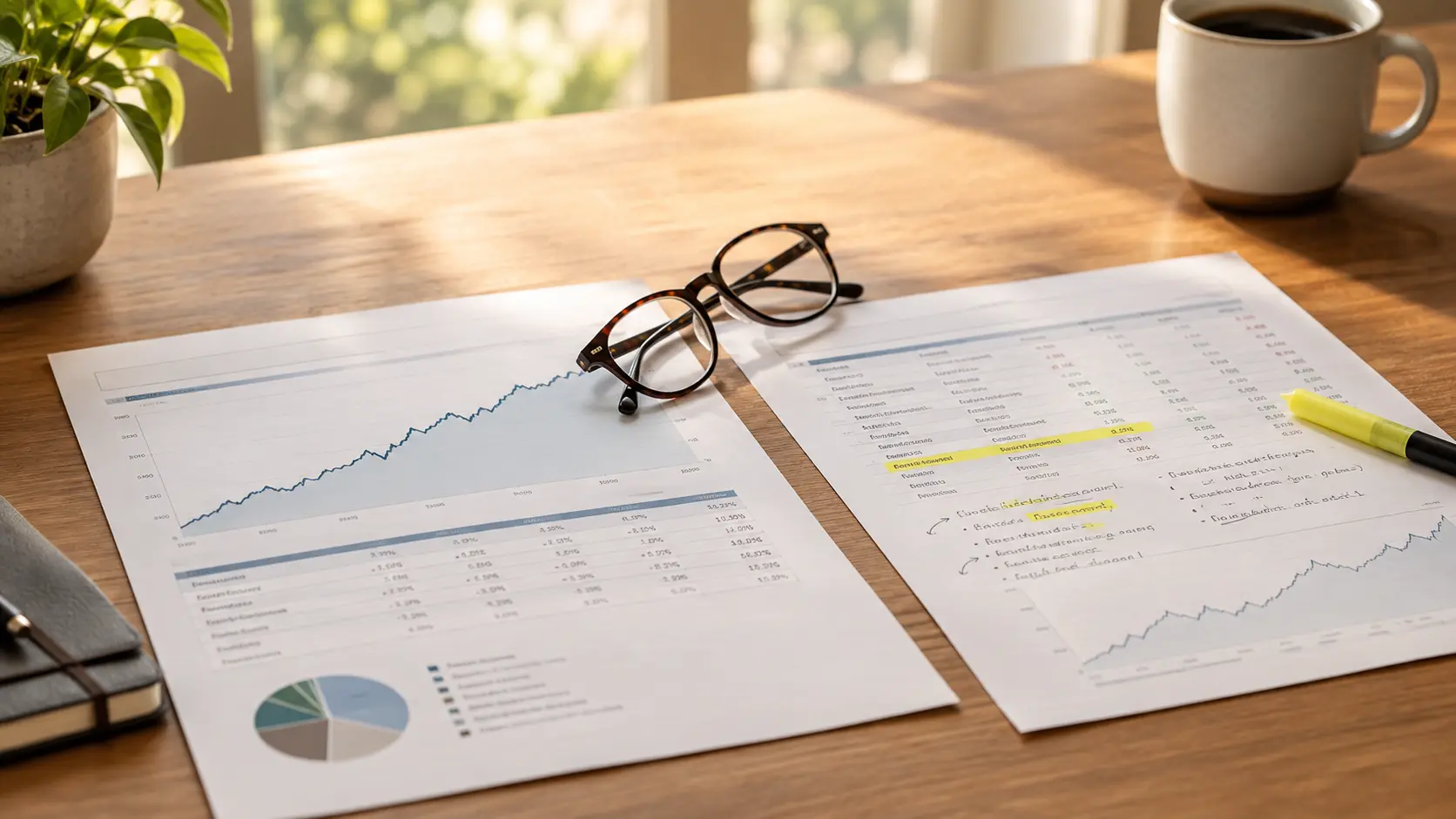 A close-up of two investment fund fact sheets on a wooden desk, one showing a broad market index chart and the other a hand-annotated stock selection, with reading glasses and a cup of coffee nearby, soft natural light.
