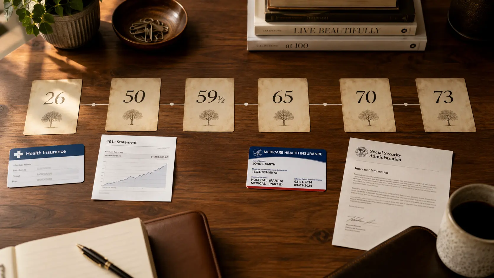 A wooden desk with a timeline of financial documents, coins, and milestone markers arranged in chronological order, representing key age-based financial rules across a lifetime.