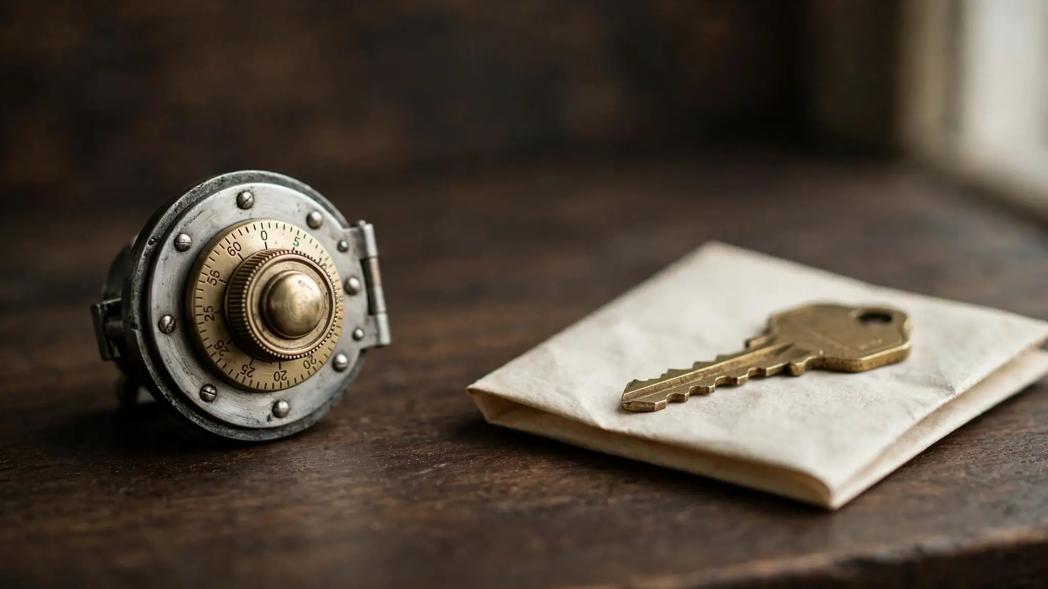 A small, elegant bank-vault-style dial on the left and a simple brass house key resting on a folded paper on the right, both softly lit on a dark wood surface, representing two different kinds of financial security.