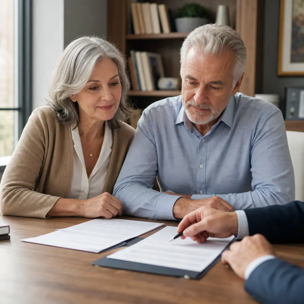 Financial advisor reviewing beneficiary designation forms with a couple at a conference table, illustrating the importance of coordinating retirement account beneficiaries with a broader estate plan.