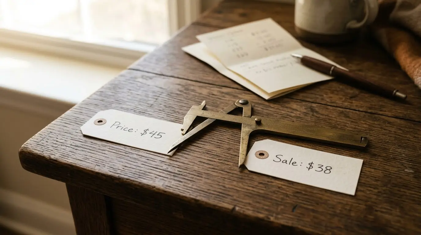 Two small printed price tags on a wooden desk connected by a brass measuring caliper indicating the gap between them, warm natural light through a nearby window.