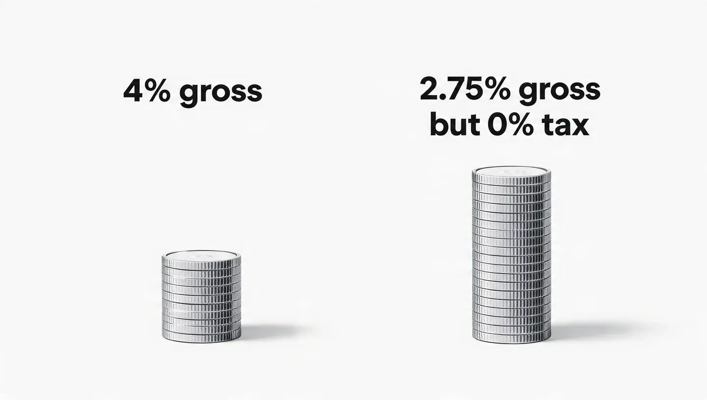 Split illustration on a clean white background showing two stacks of coins: on the left, a stack labeled “4% gross,” and on the right, a visibly taller stack labeled “2.75% gross but 0% tax,” emphasizing that the lower percentage yields a larger after-tax result.