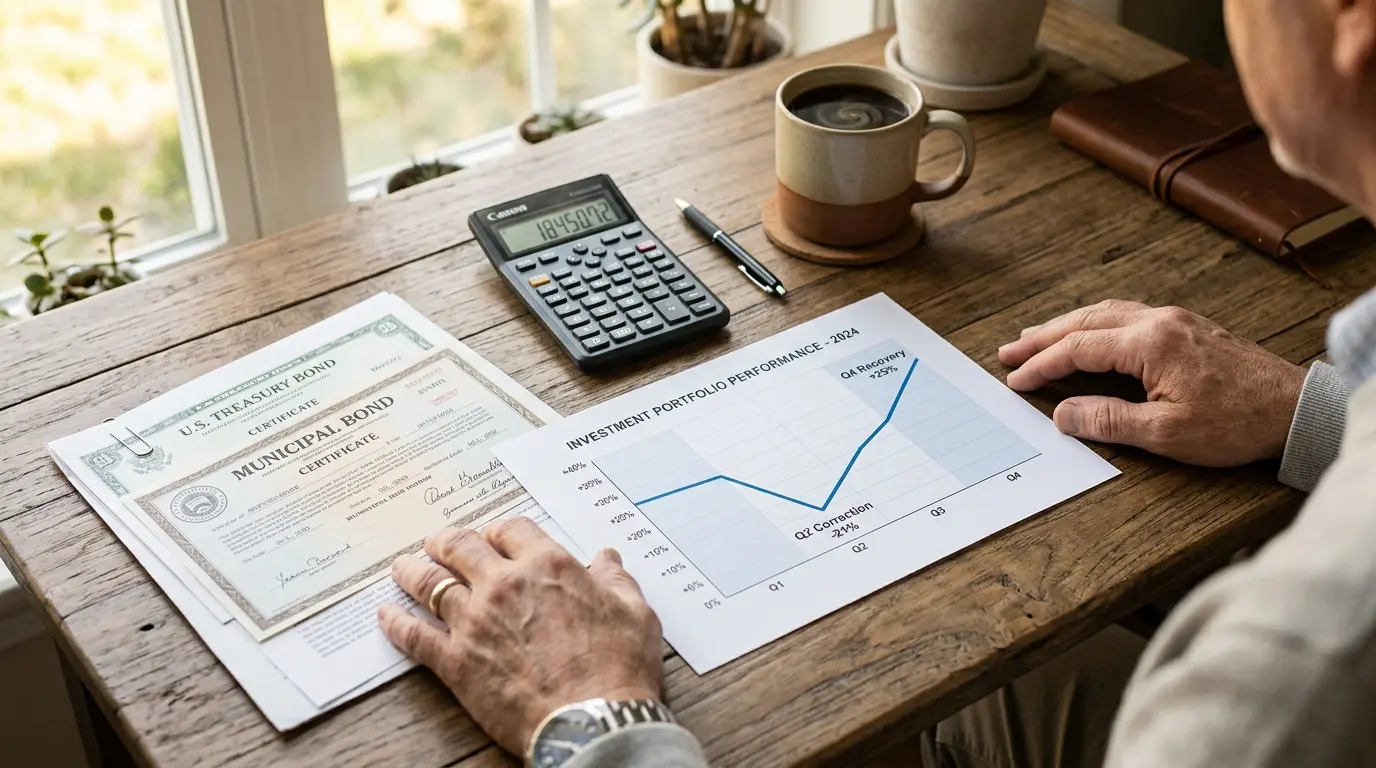 A desk scene with a financial chart showing a dip and partial recovery, alongside bond certificates and a calculator, in warm natural light.