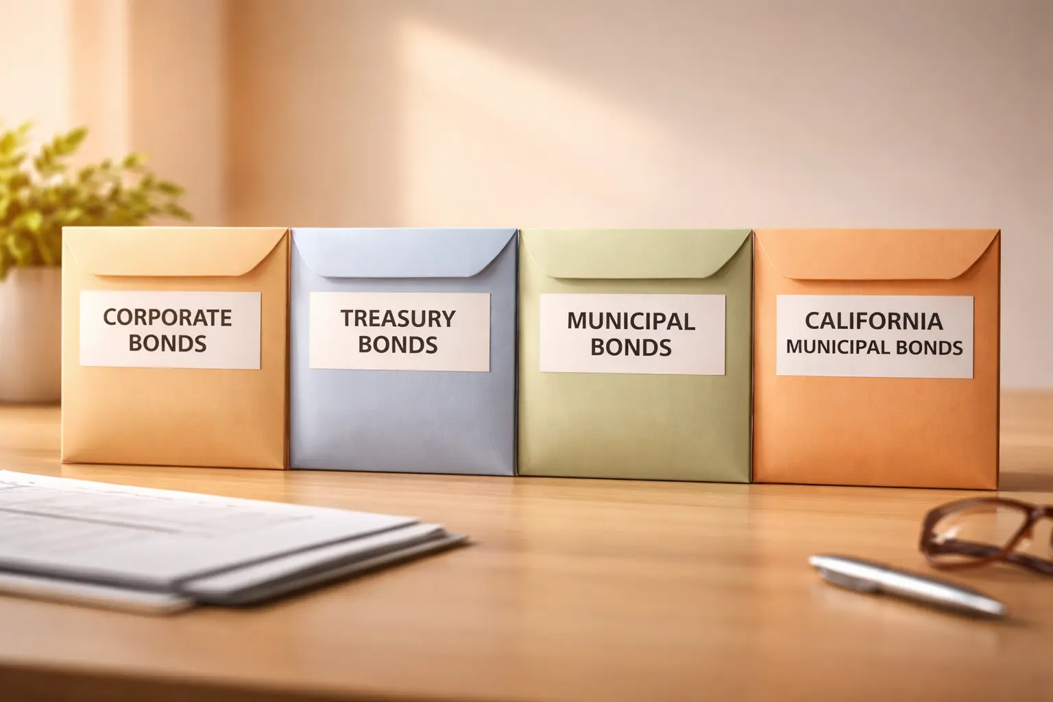 Four different bond certificates arranged side by side on a desk, representing corporate, Treasury, municipal, and California municipal bonds and their varying after-tax outcomes.