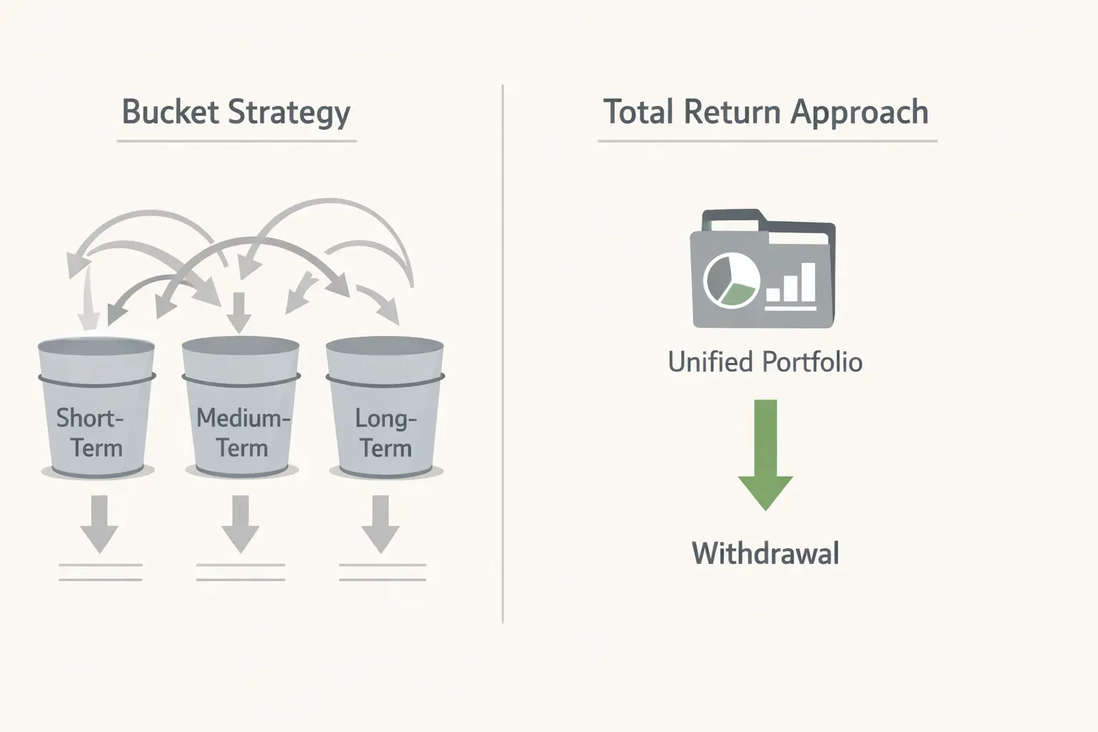 Side-by-side comparison of the bucket strategy versus a total return withdrawal approach for retirement income planning.
