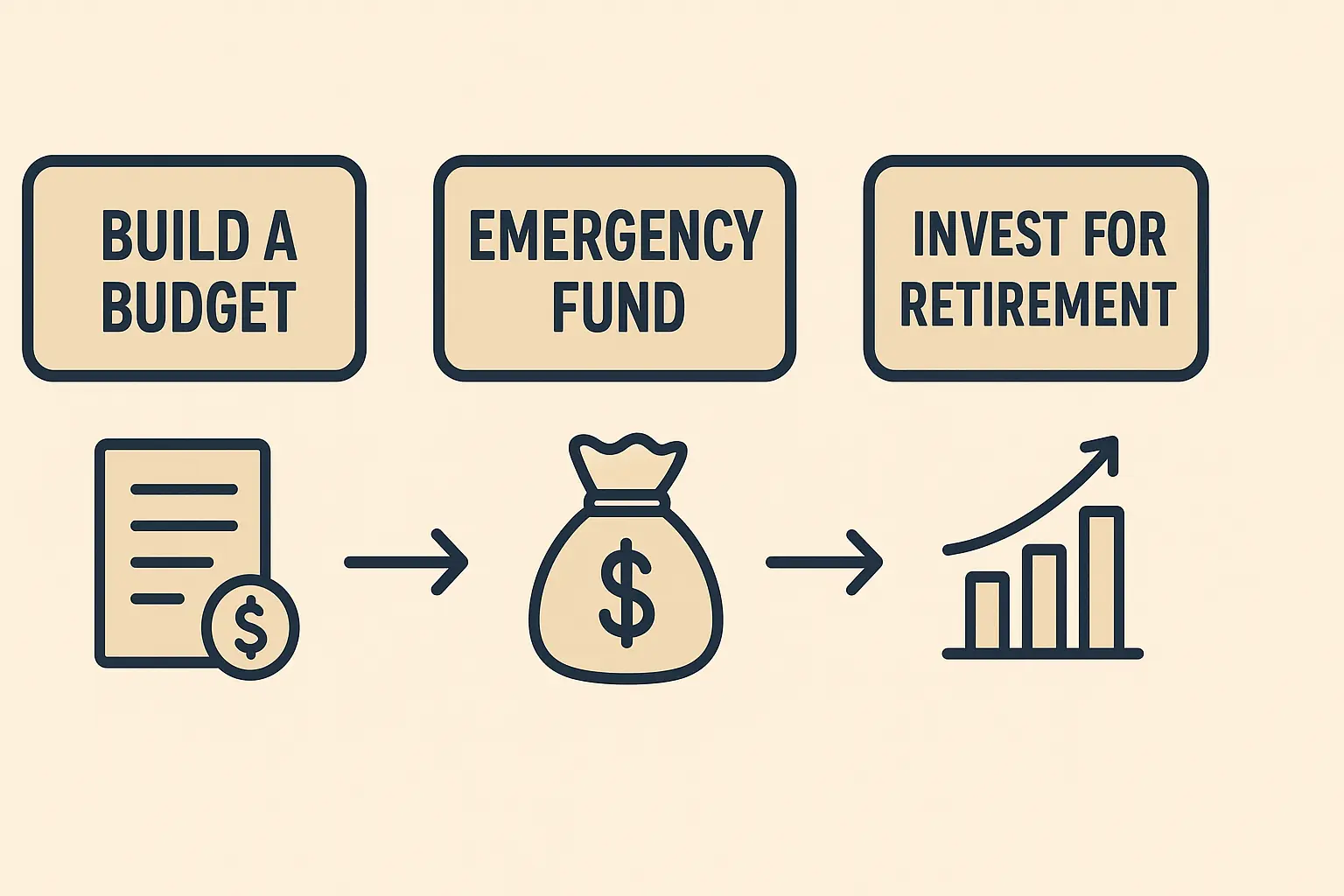 A flowchart showing the steps of building a budget, emergency fund, and investing for retirement.