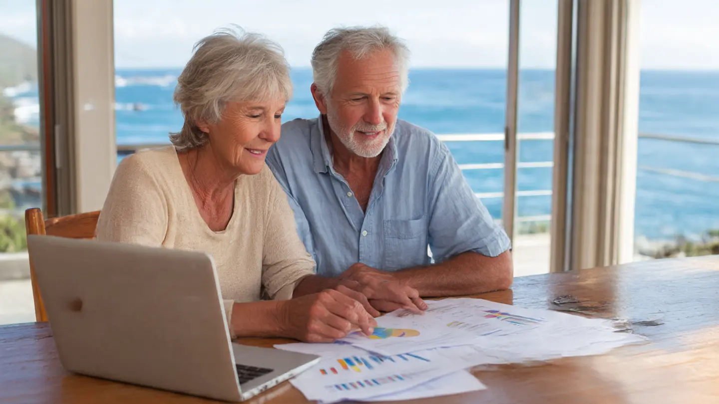 Illustration representing California retirement tax planning, showing state outline, documents, and financial charts.
