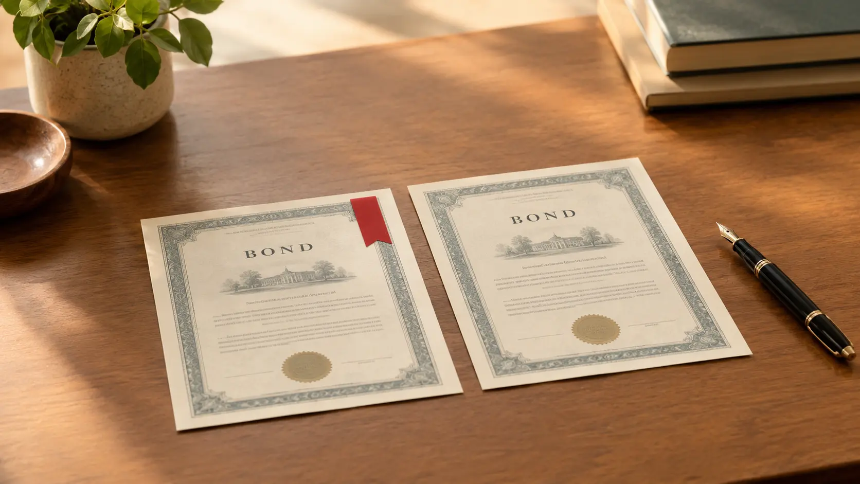 Two similar bond certificates on a wooden desk, one marked with a small red ribbon indicating an early redemption date, warm natural light through a nearby window.