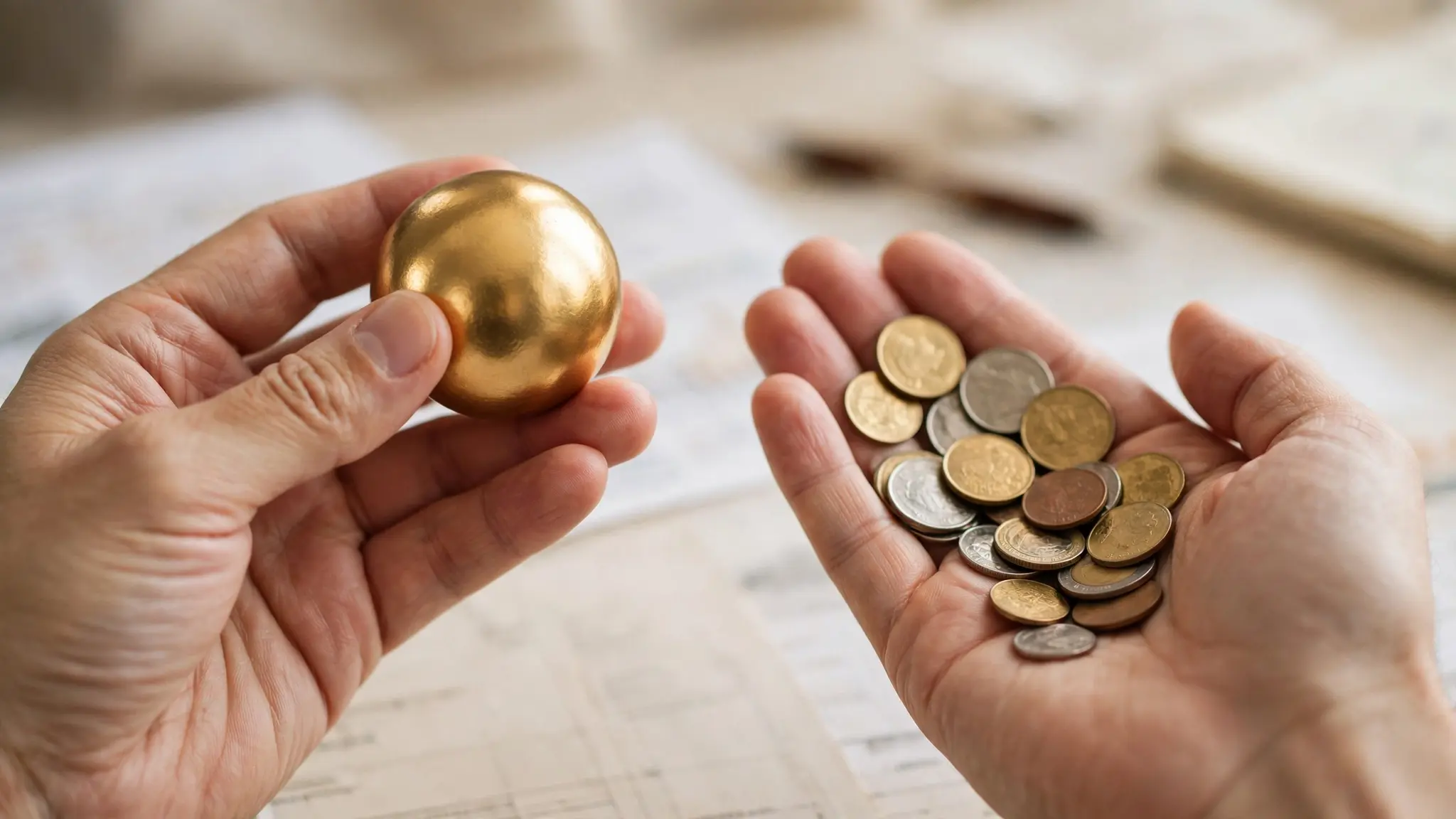 Close-up of hands holding a single large weight on one side while balancing many smaller weights on the other side, representing concentration versus diversification.
