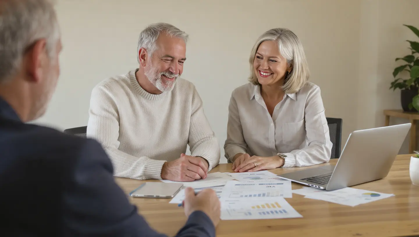 A retired couple reviewing investment statements with a financial planner, alongside simple visuals showing taxable, tax-deferred, and Roth account types. Warm lighting and an approachable style.