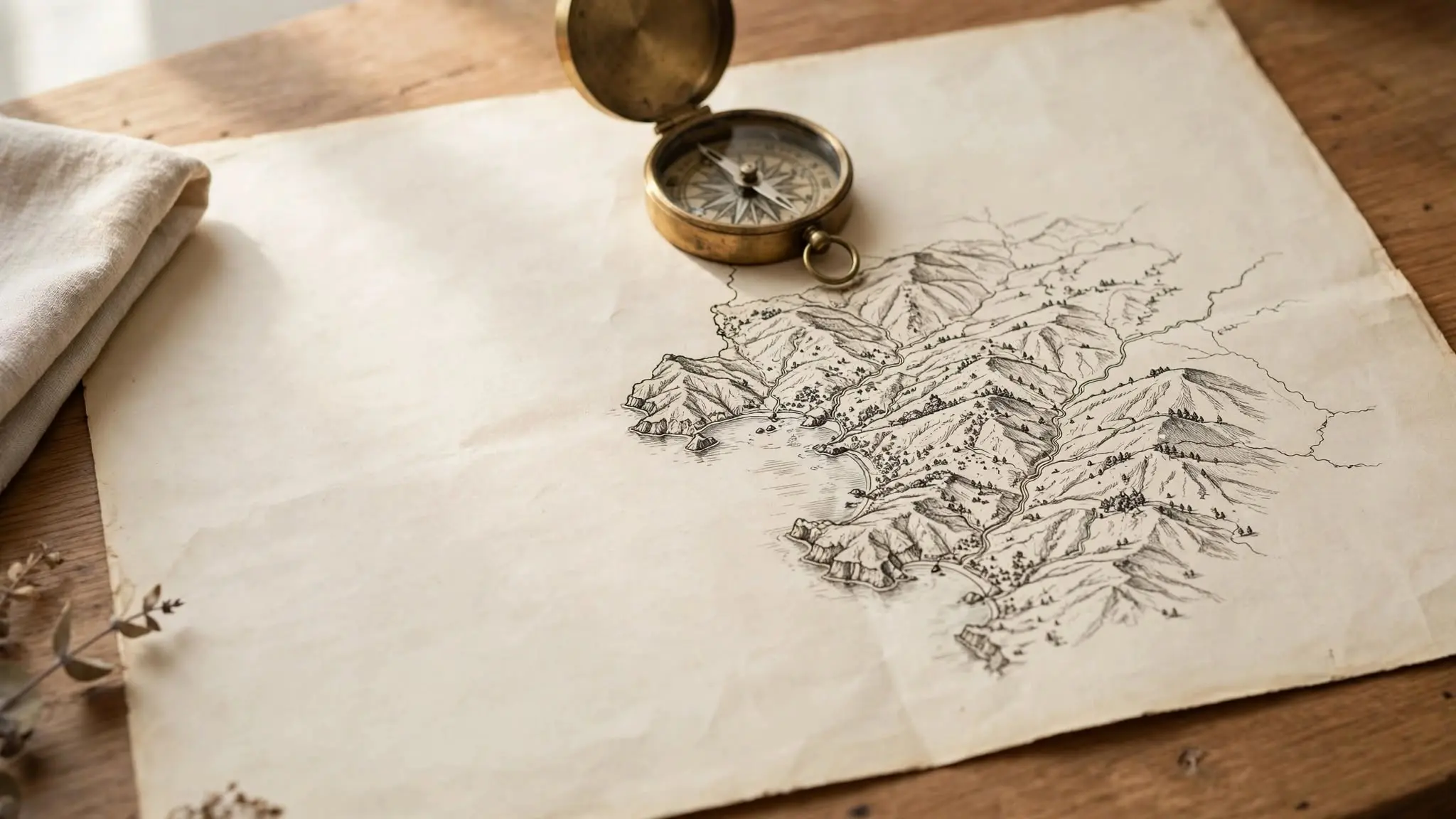 An open paper map with one region rendered in fine, careful detail and the surrounding areas left plain and unmarked, with a brass compass resting on top, representing deep skill in one part of a financial picture and gaps in the coordination that surrounds it.