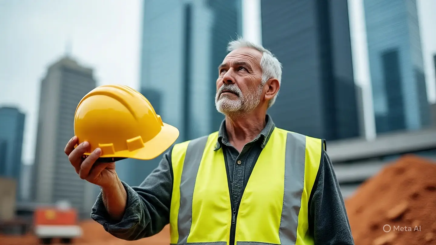 Middle-aged worker removing a hard hat, standing outside a construction site, representing retirement from a physically demanding job.