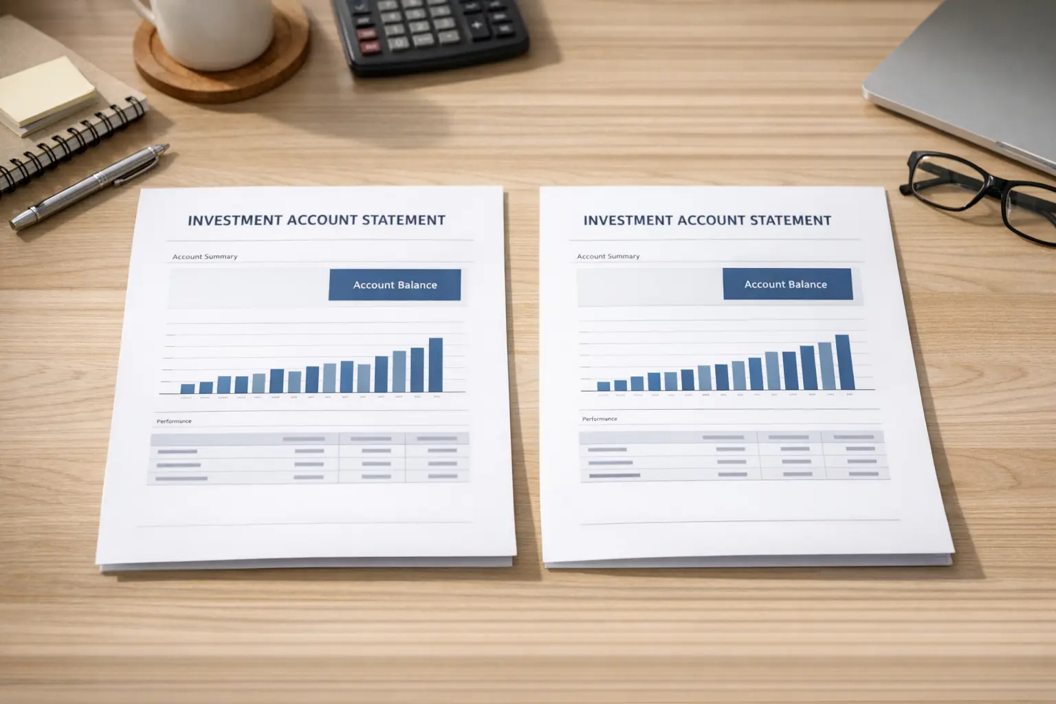 A close-up of two investment account statements side by side showing different after-tax portfolio values, representing how fund selection affects long-term tax drag on equity portfolios.