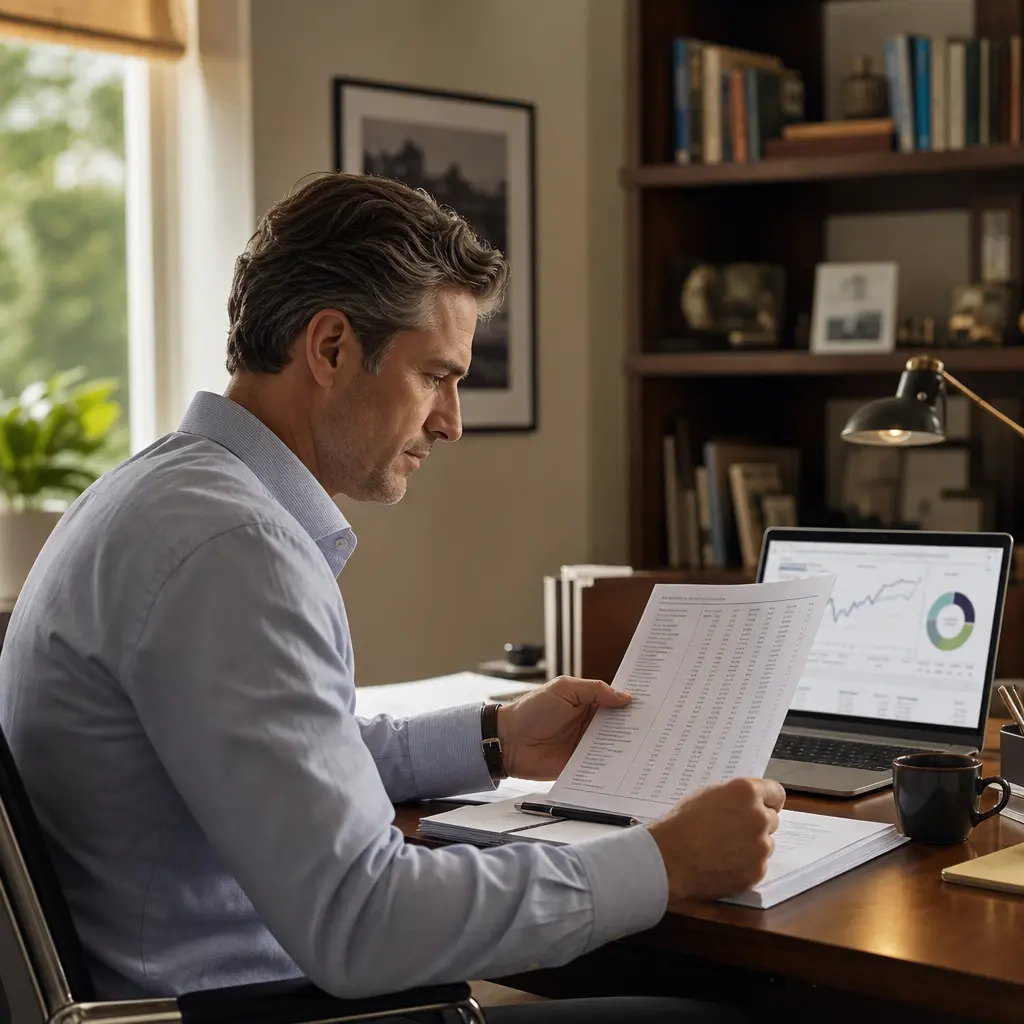 A professional reviewing a brokerage statement showing company stock purchases at a tidy desk, representing the tax planning complexity of an employee stock purchase plan.