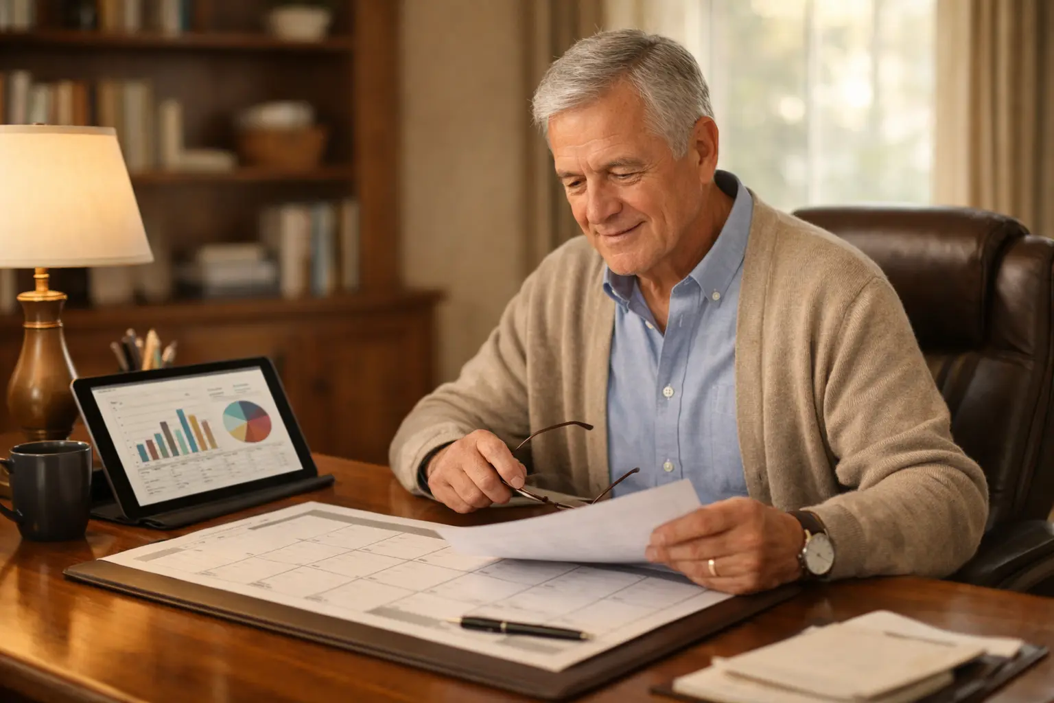 A retired professional reviewing a quarterly tax calendar and financial statements at a home desk, representing the planning complexity of estimated tax payments in retirement.