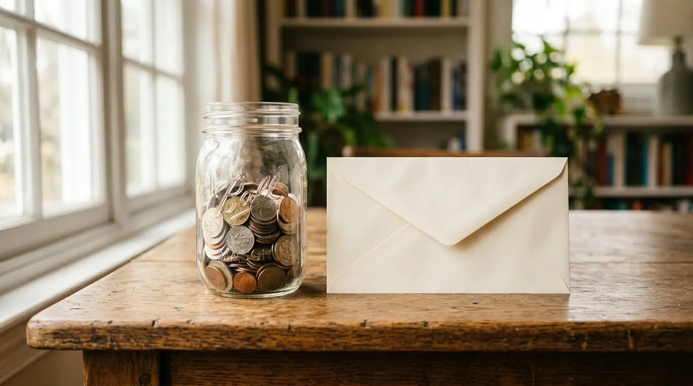 A glass jar of loose coins beside a sealed envelope of folded currency on a wooden desk, soft morning light through a nearby window, representing two different ways money is pooled and accessed in a diversified fund.