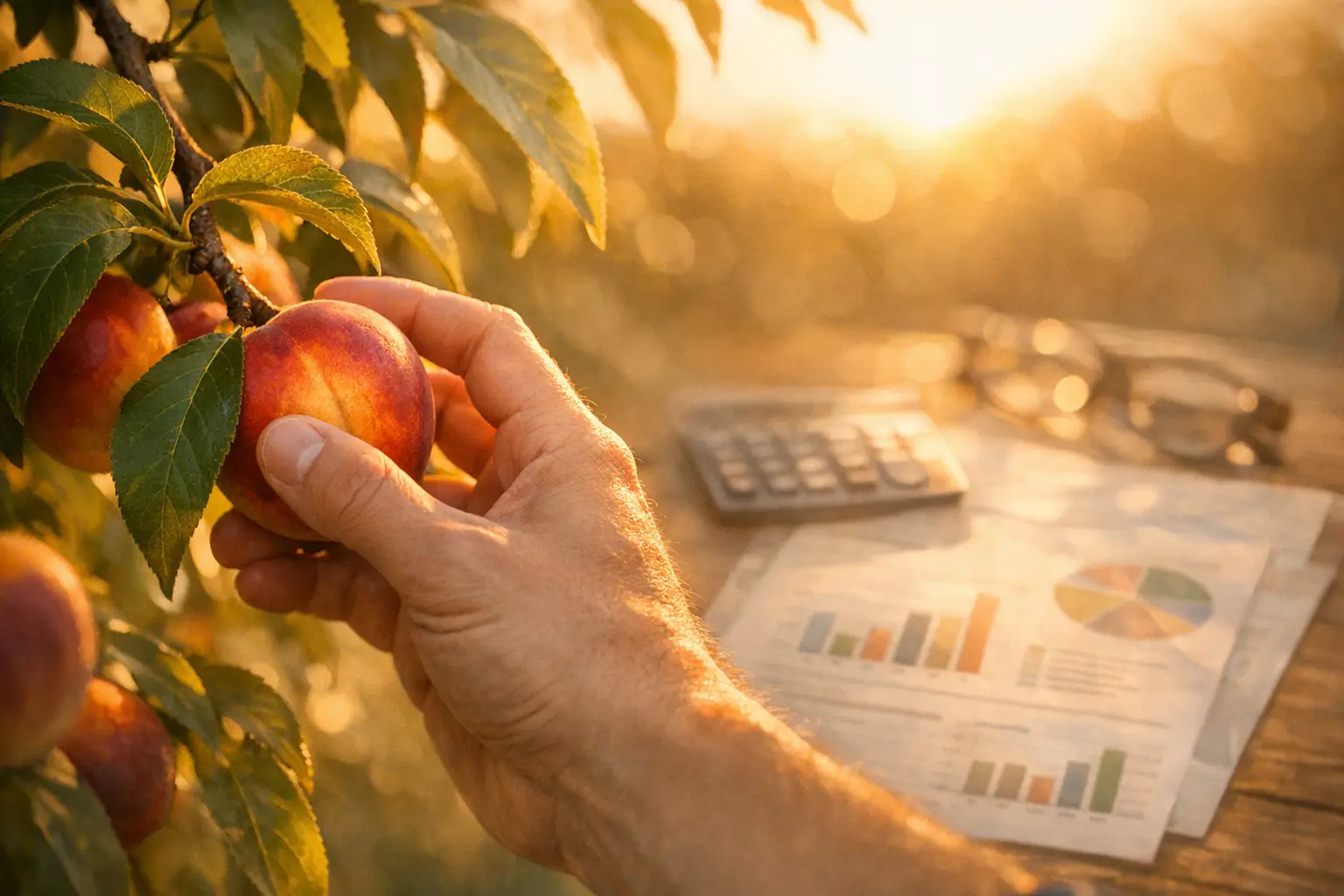A close-up of a hand harvesting ripe fruit from a tree at golden hour, symbolizing tax-loss harvesting, with softly blurred financial documents in the background representing investment management.