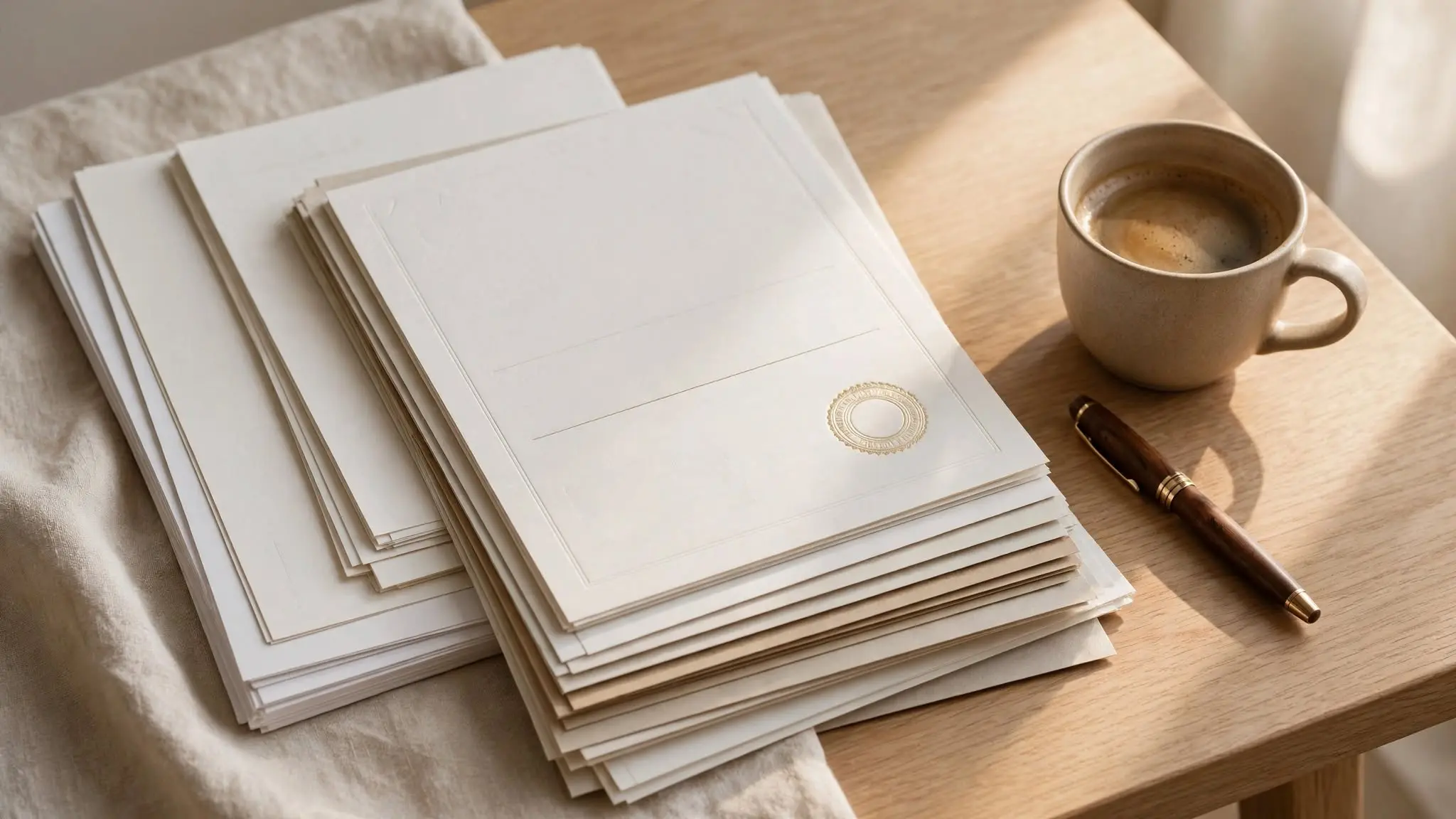 A professional desk with layered bond documents, coffee cup, and pen in warm natural light.