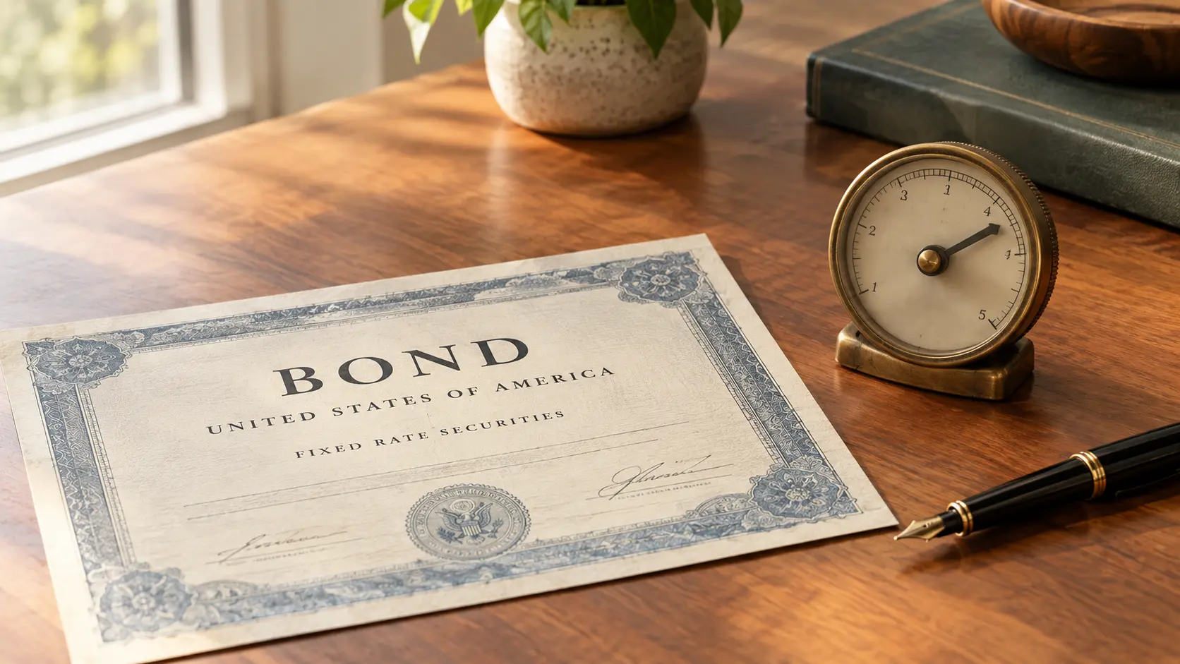 A bond certificate on a wooden desk beside a small analog dial or gauge suggesting an adjustable rate, warm natural window light.
