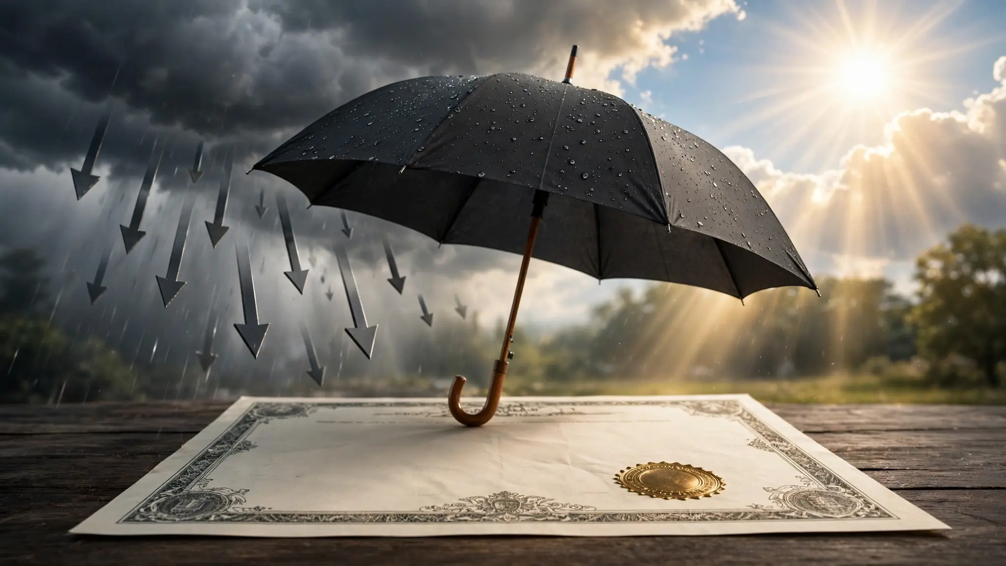 An umbrella sheltering a stock certificate from downward arrows and storm clouds, with bright sunlight above, symbolizing downside protection while maintaining upside potential.