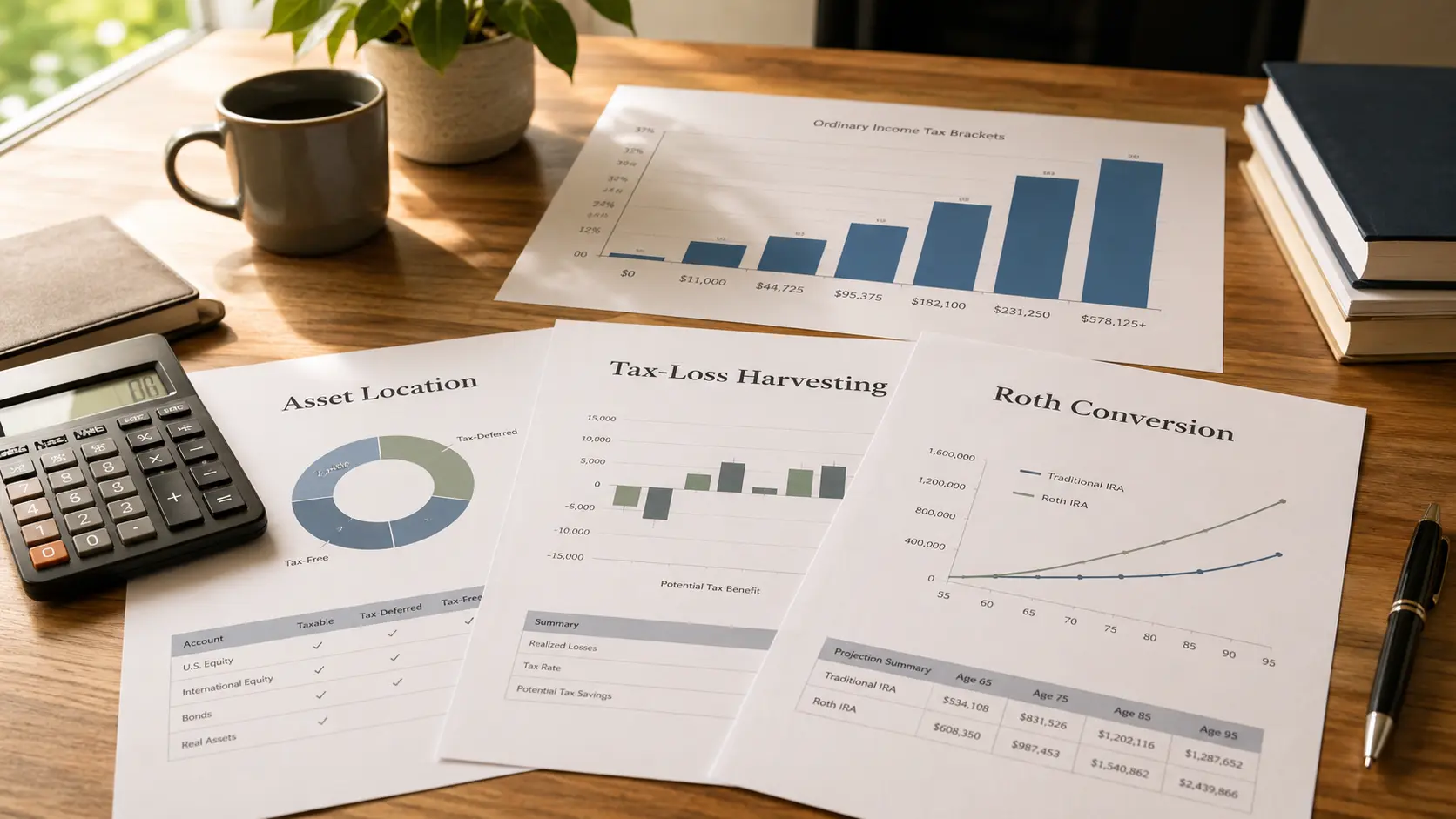 A professional workspace showing layered tax strategy documents, a calculator, and financial charts representing multi-dimensional tax planning for high earners.