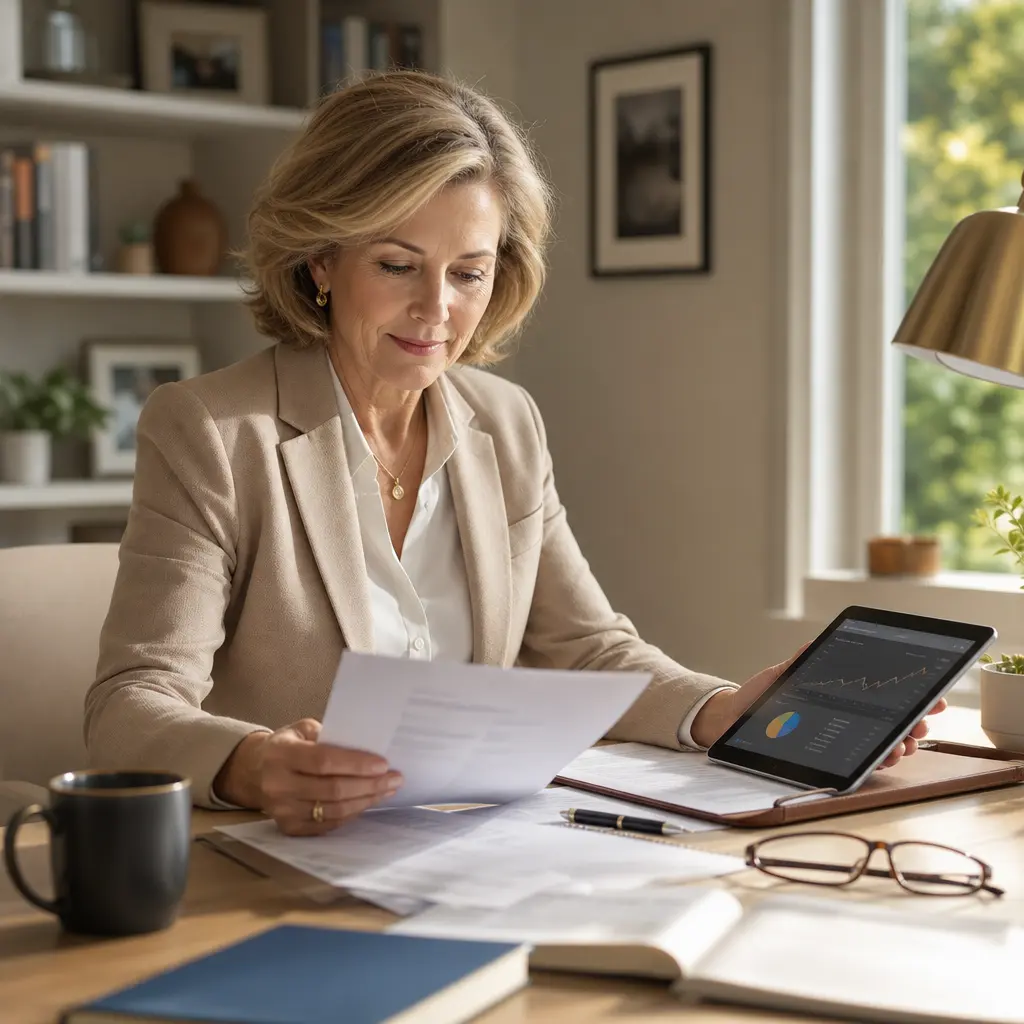 A professional at a modern desk reviewing long-term investment options within a health savings account, representing the HSA as a retirement planning vehicle.
