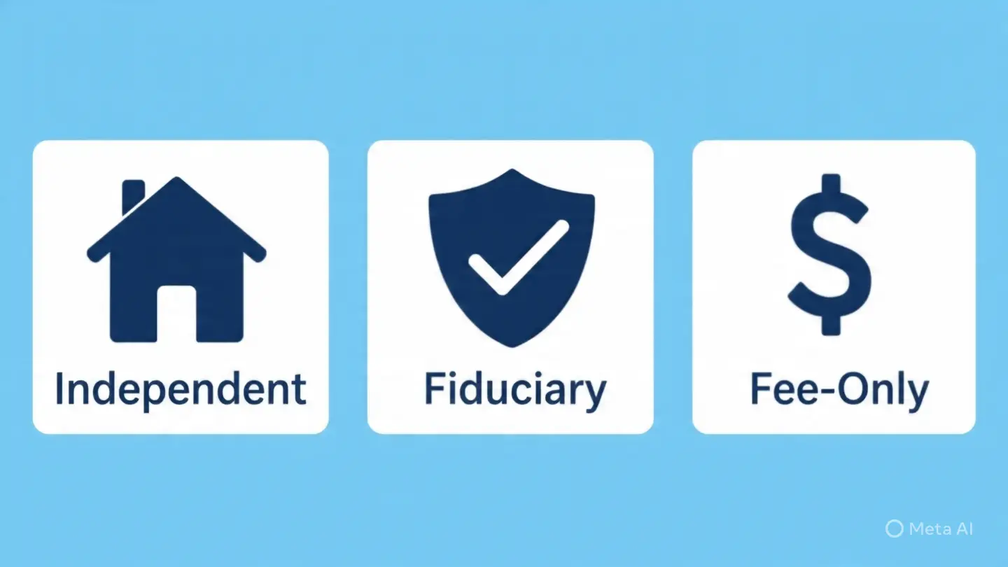 Illustration explaining independent, fiduciary, and fee-only financial advising with icons and text.
