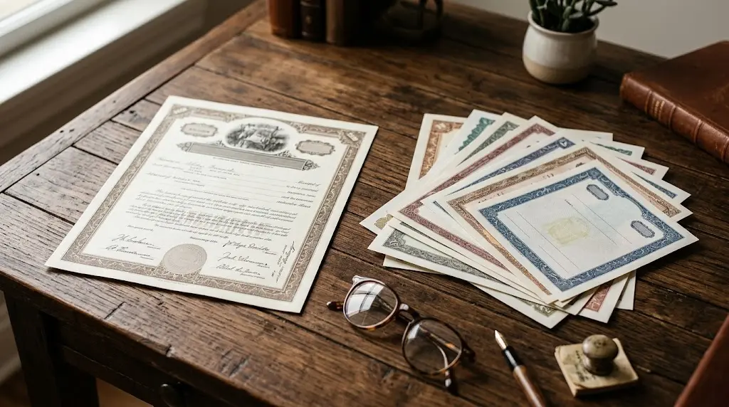 A single bond certificate next to a small stack of many smaller certificates fanned out, representing the difference between one bond and a diversified bond fund, warm natural desk lighting.