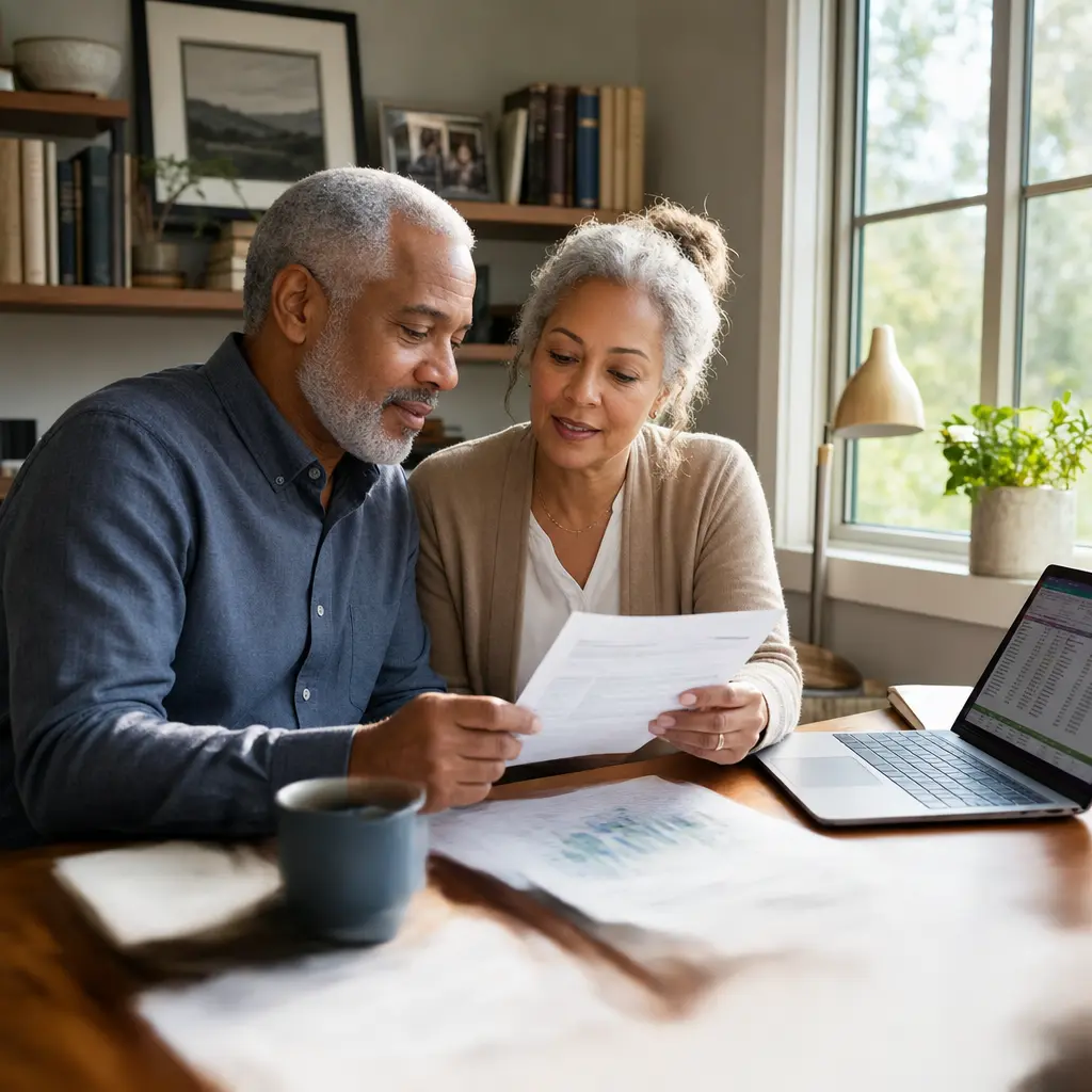 Retired couple reviewing Medicare premium statements with a financial planner, illustrating the IRMAA two-year lookback and its impact on retirement income planning.