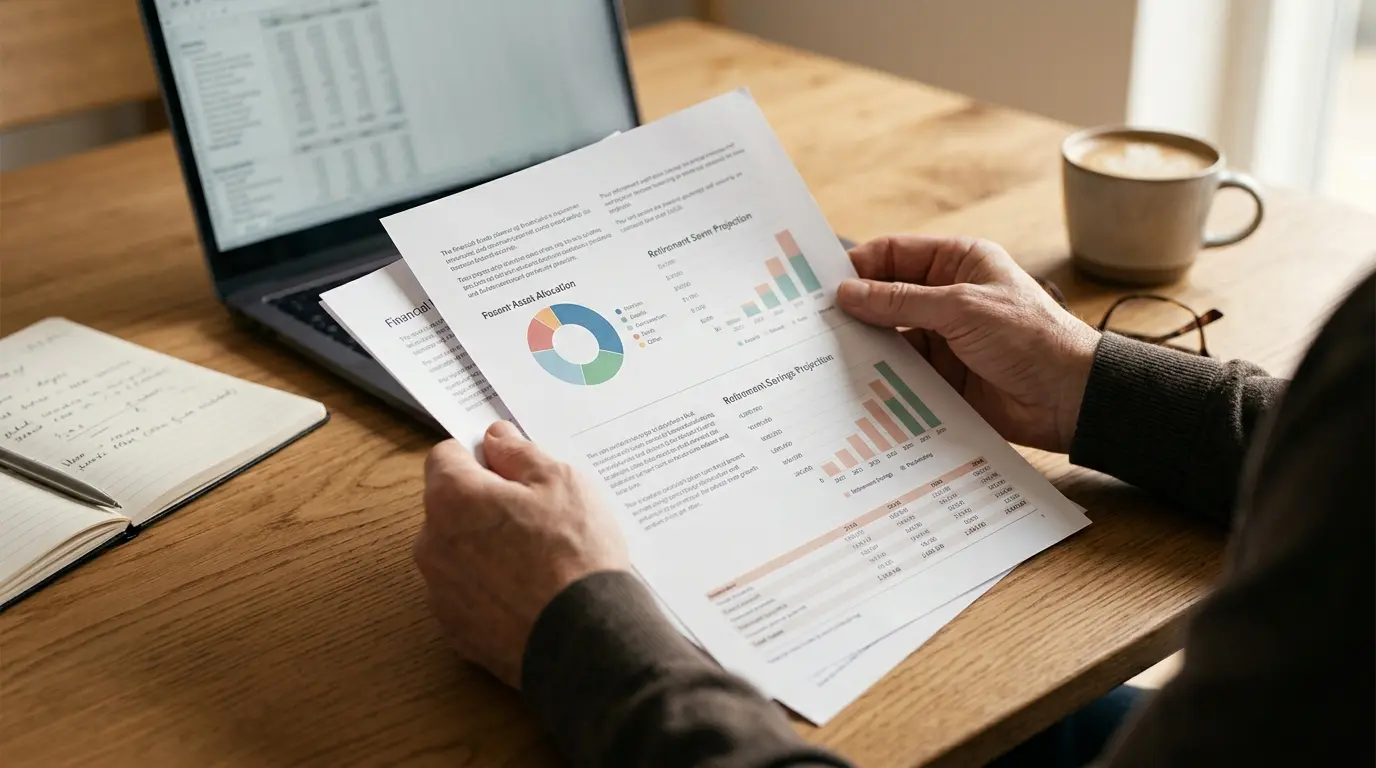 A pair of hands reviewing a printed financial plan and charts at a desk beside a laptop and a cup of coffee, representing a client evaluating the value of ongoing financial guidance.