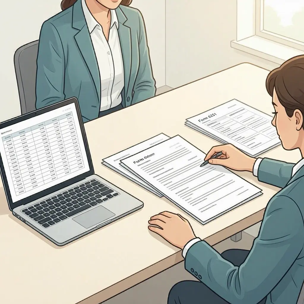 A professional reviewing stock option grant documents at a desk, representing the complexity of ISO tax planning and AMT exposure.