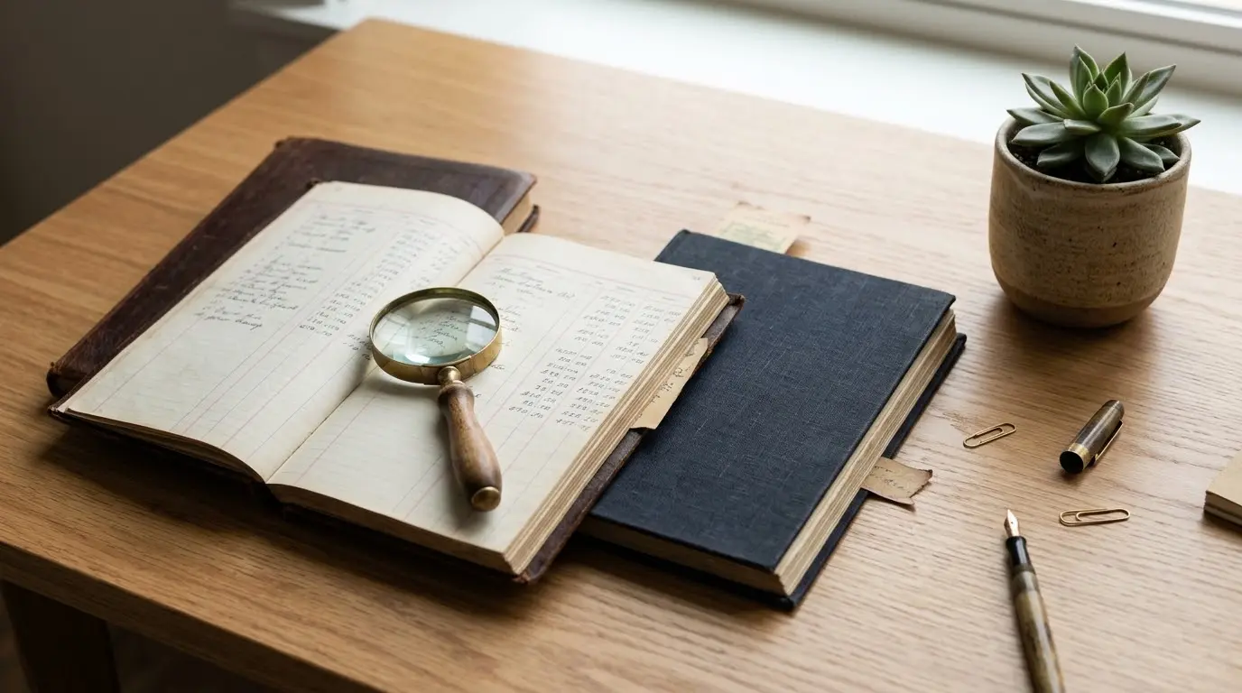 A pair of weathered ledger books on a wooden desk with a magnifying glass and a small potted succulent, warm natural light through a nearby window.
