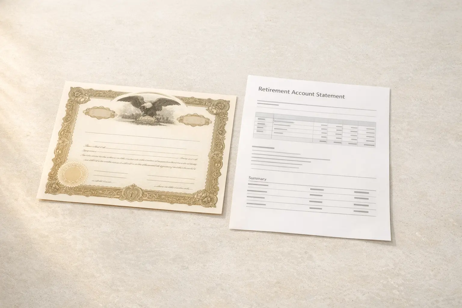 A stock certificate and retirement account statement resting on a clean desk, representing the decision of how to handle company stock inside a 401(k) at retirement.