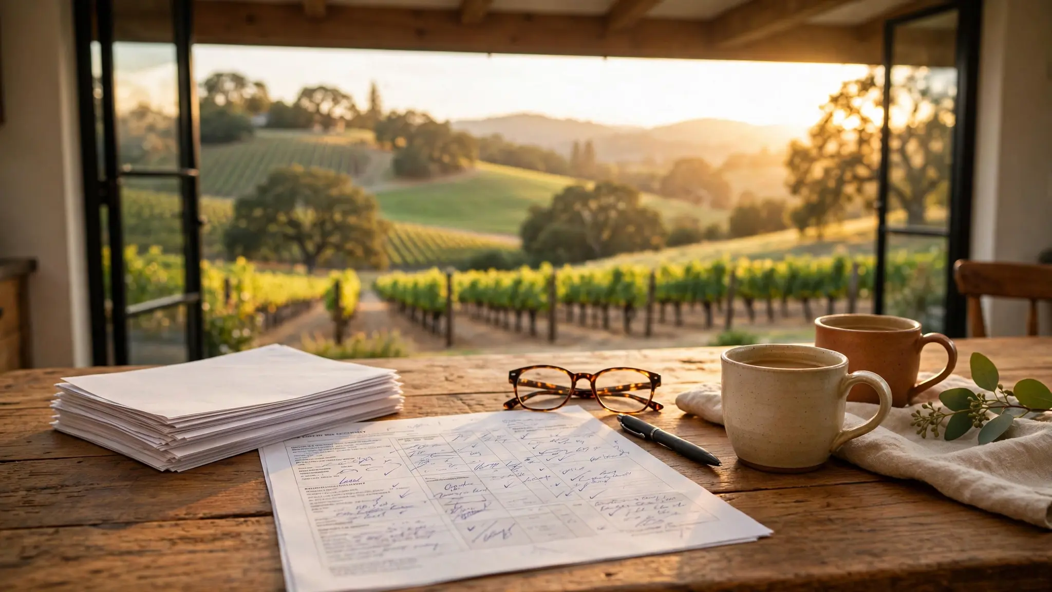 A sunlit dining table in a Sonoma County home with retirement account statements, a printed tax projection, reading glasses, and two coffee cups, with vineyard-covered hills visible through the window.