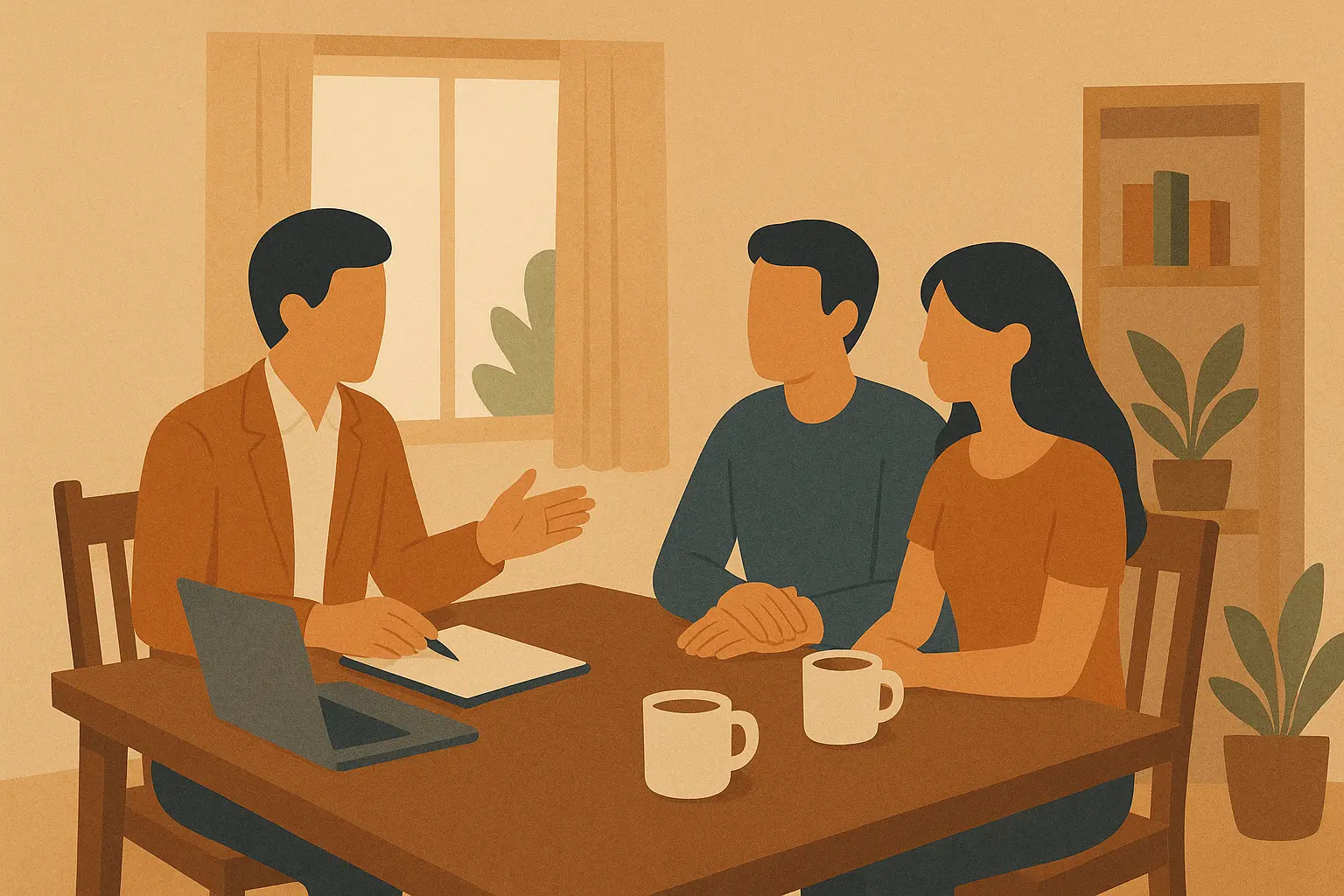 Stylized illustration of a financial advisor meeting with a couple at a cozy dining table inside a home in Santa Rosa, California