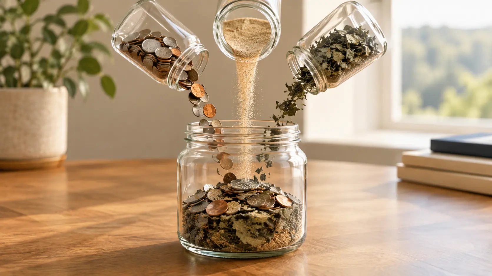 Three small, visually distinct jars positioned so their contents appear to funnel down into a single larger jar in the foreground, representing several retirement income sources being coordinated into one steady stream of spending money.