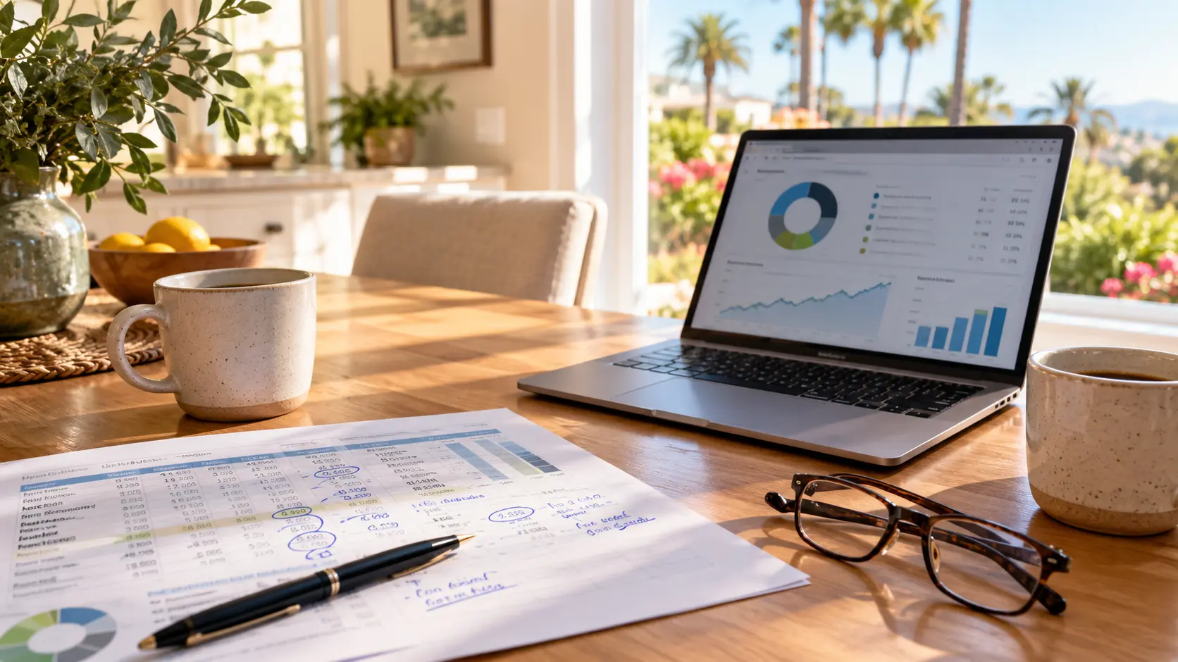 A sunlit Southern California kitchen table with a printed retirement spending spreadsheet, a laptop showing a portfolio summary, two coffee mugs, and a pair of reading glasses, suggesting a couple working through their retirement questions together.