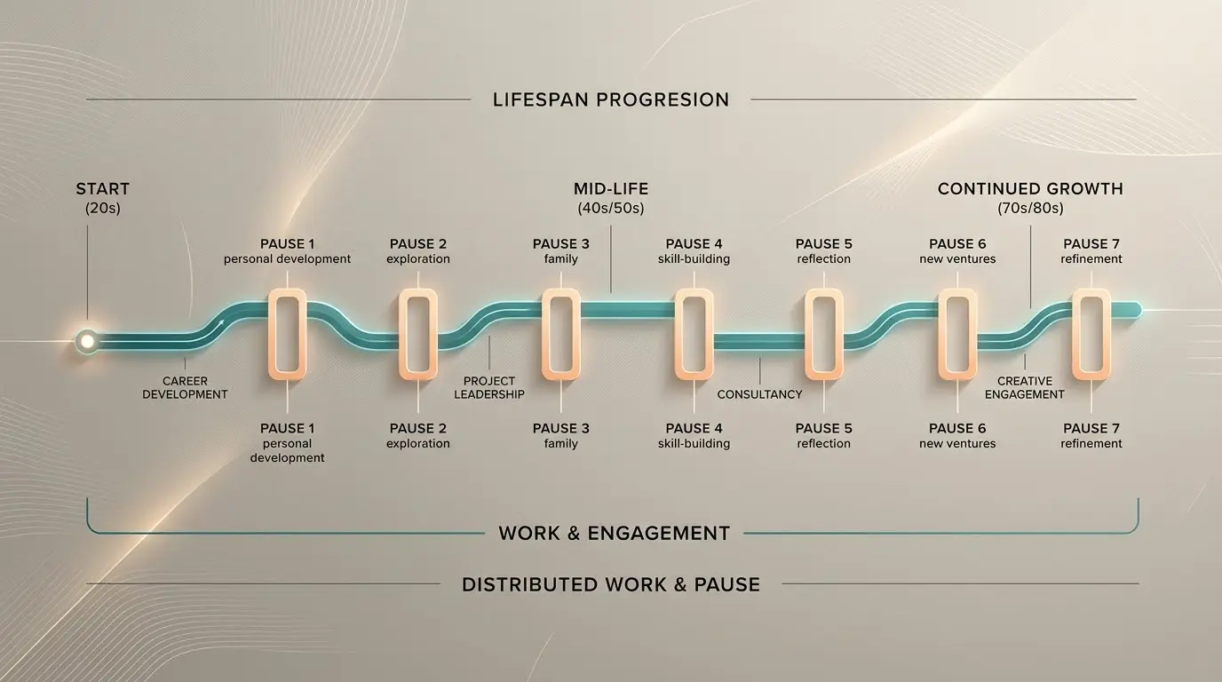 Timeline showing multiple breaks and pauses distributed throughout a working career