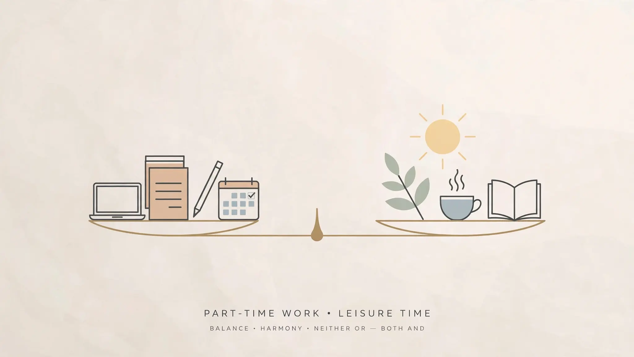 Balance or equilibrium between part-time work and leisure time, showing the middle path