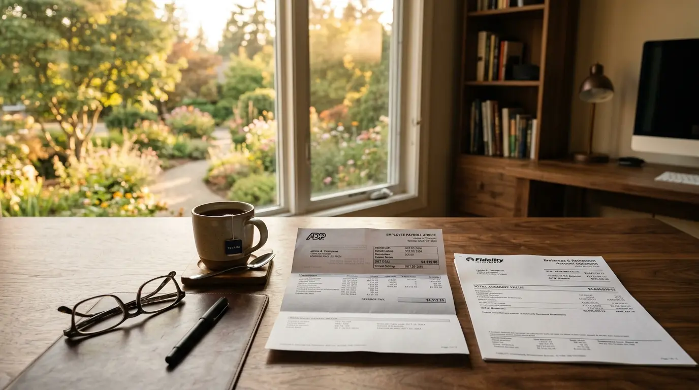 A paycheck stub and an investment account statement resting side by side on a home office desk, with a window overlooking a garden in soft afternoon light, representing the shift from paycheck-based spending to retirement withdrawals.