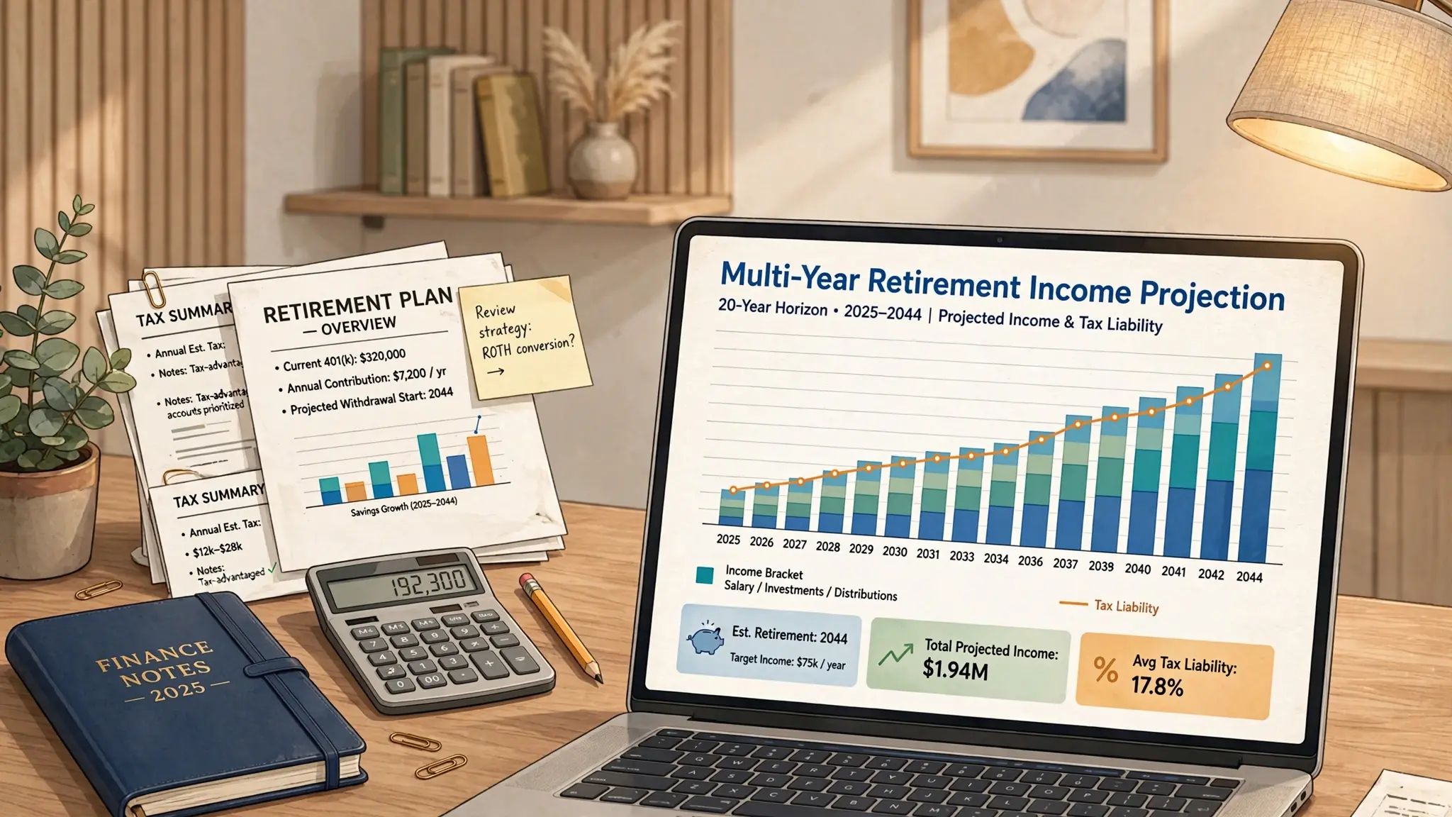Retired couple at a desk with a financial advisor looking at a multi-year tax projection chart showing income brackets over time, discussing optimal Roth conversion amounts.