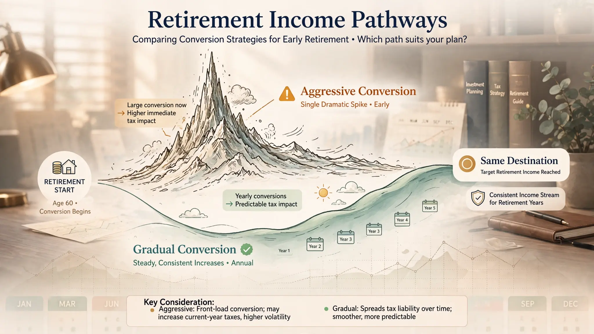 Timeline showing retirement income planning from early retirement through RMD age, illustrating multi-year Roth conversion strategy.