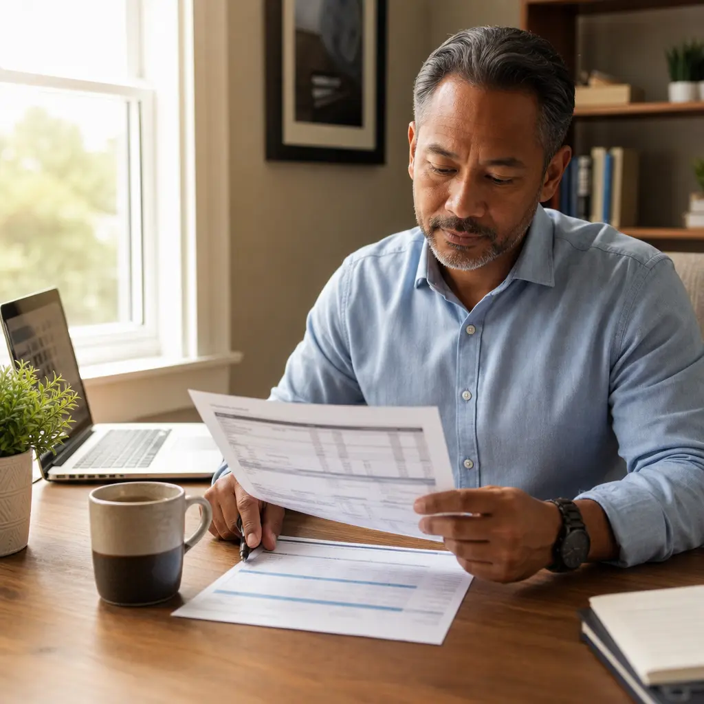 A professional reviewing a pay stub and tax form at a desk, illustrating the gap between RSU withholding at vesting and actual income tax owed.