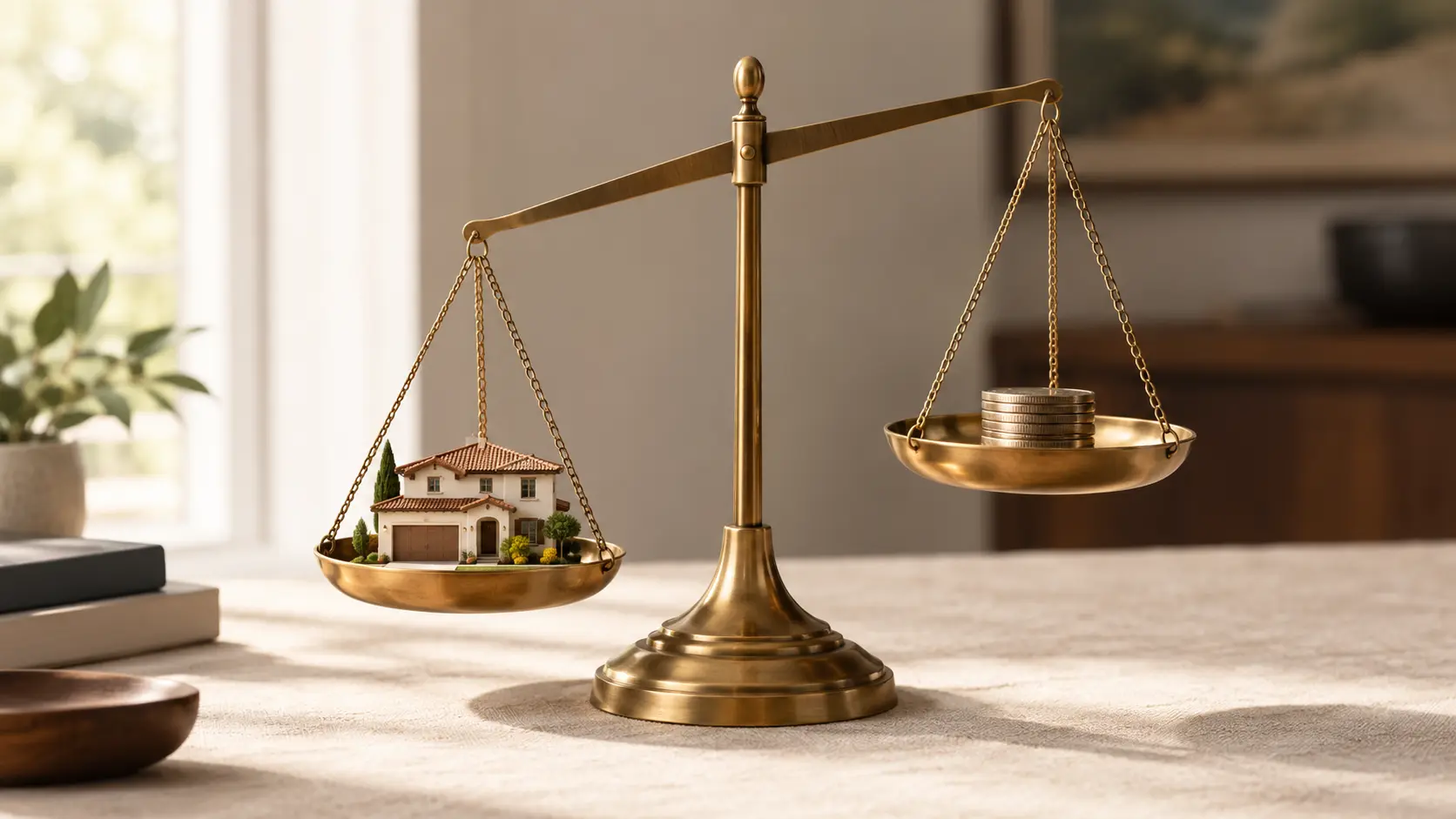A brass balance scale on cream linen holding a small model house in one pan and a short stack of coins in the other, slightly tipped, in soft window light.