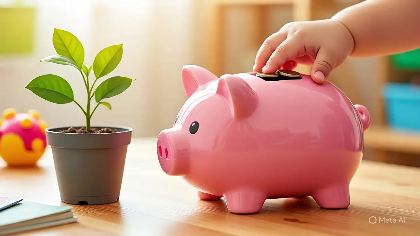 Baby placing coin into a piggy bank beside a young plant, symbolizing early investments and long-term growth through MAGA accounts for children under age 8.